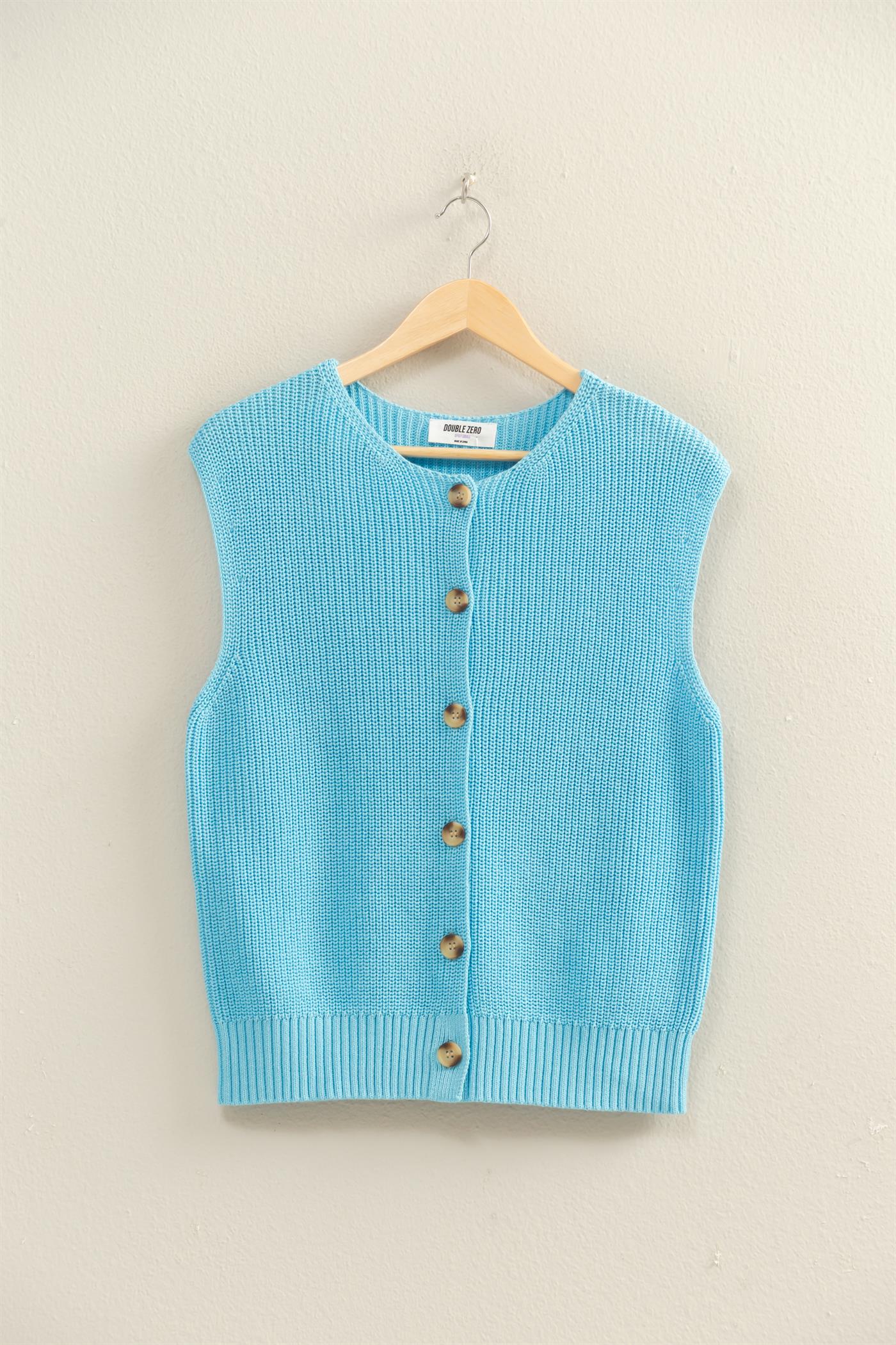 Wholesale Sleeveless Button-Up Ribbed Vest Sweaters DZ26A833 BLUE DOUBLE ZERO