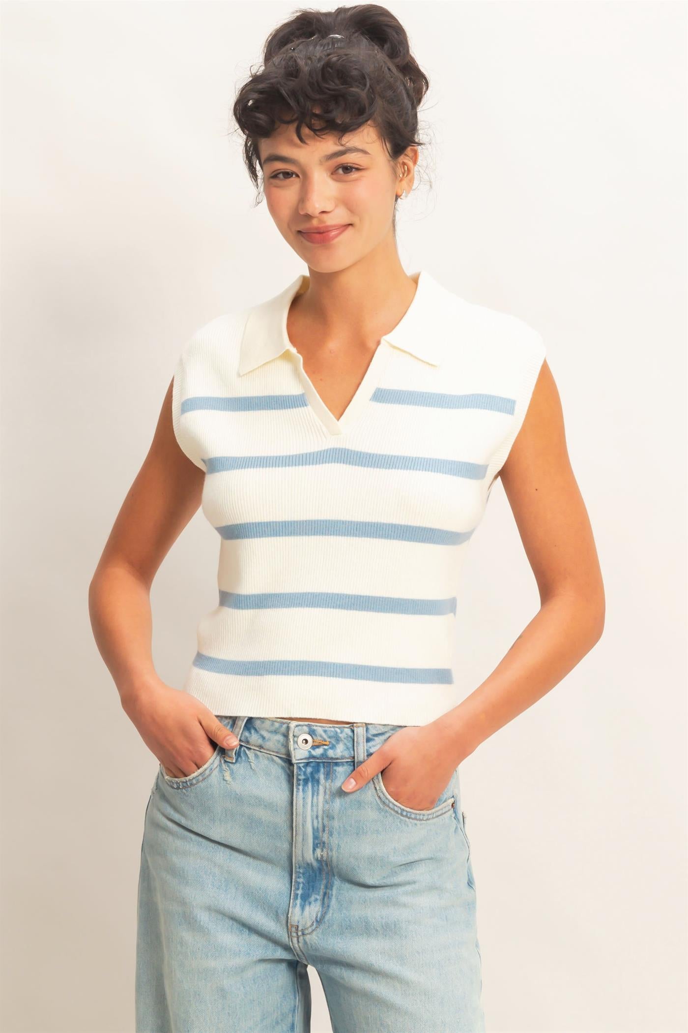 Wholesale Collared Striped Polo Vest Clothing Tops DZ26A337 BABY BLUE DOUBLE ZERO