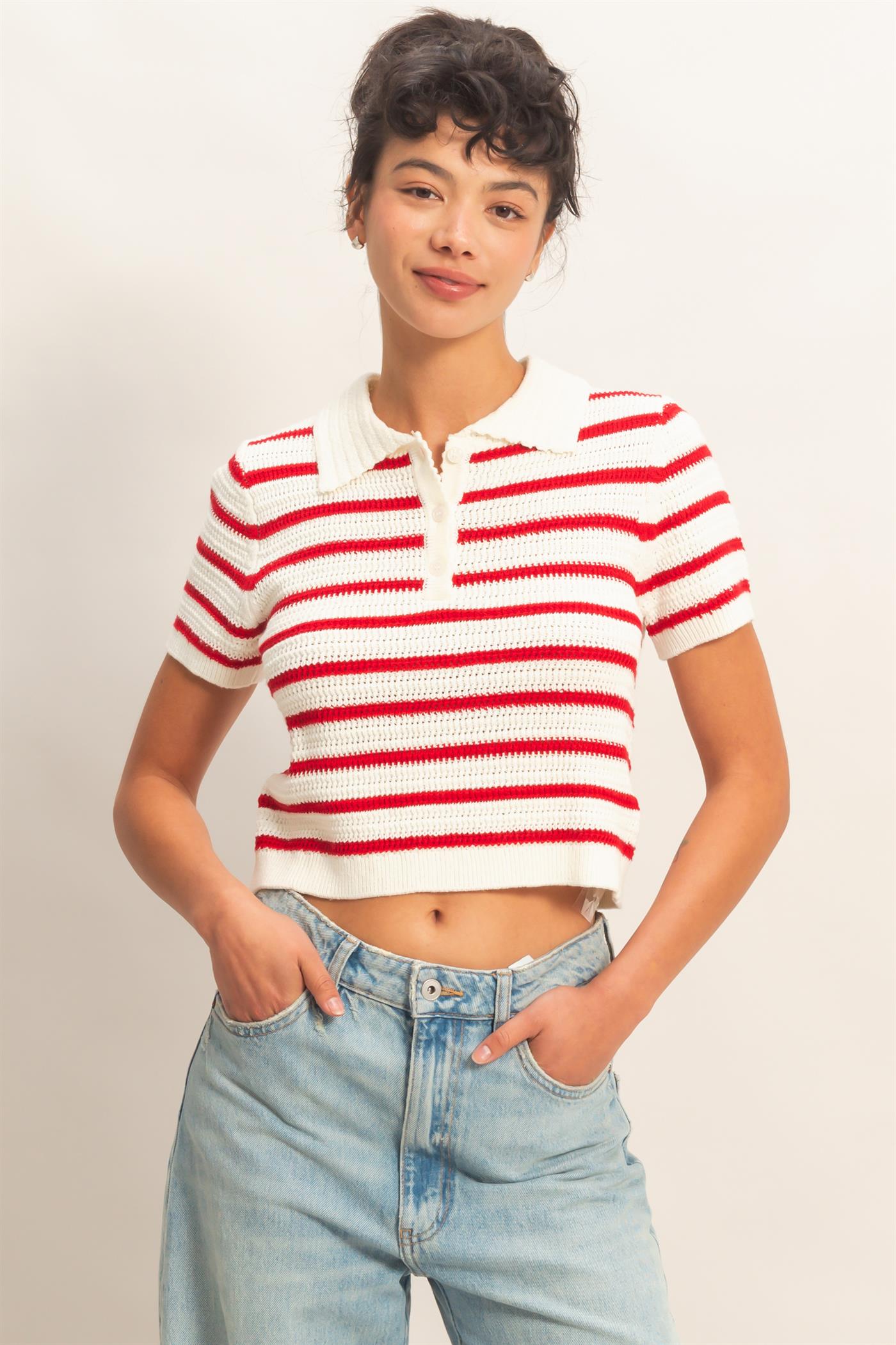 Wholesale Short Sleeve Striped Knit Polo Clothing Tops DZ26A603 RED DOUBLE ZERO