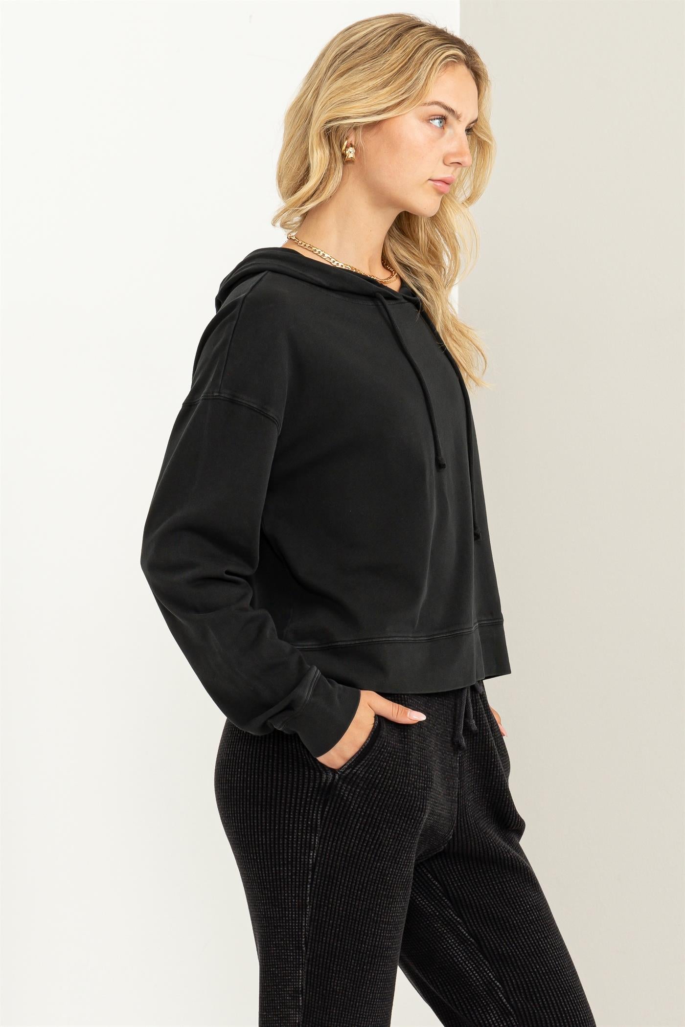 Wholesale Long Sleeve Drawstring Hoodie Clothing Tops DZ23E999 BLACK DOUBLE ZERO