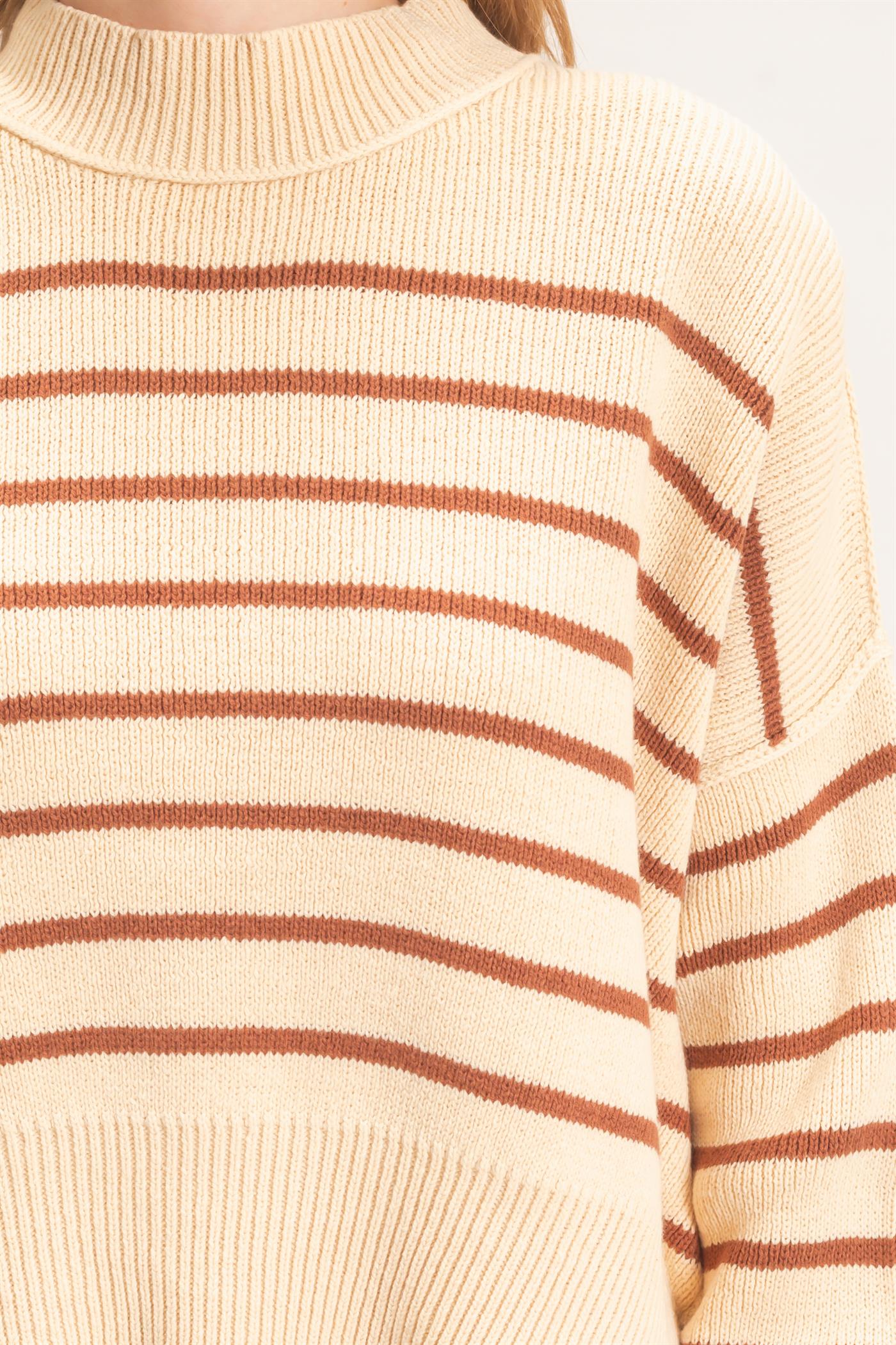 Wholesale Striped Mock Neck Cropped Sweater Sweaters HF26F192 BROWN HYFVE