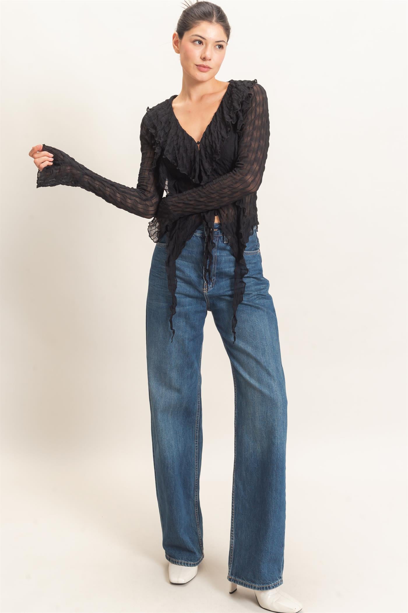 Wholesale Textured V-Neck Tie Front Top Blouses HF26F072 BLACK HYFVE