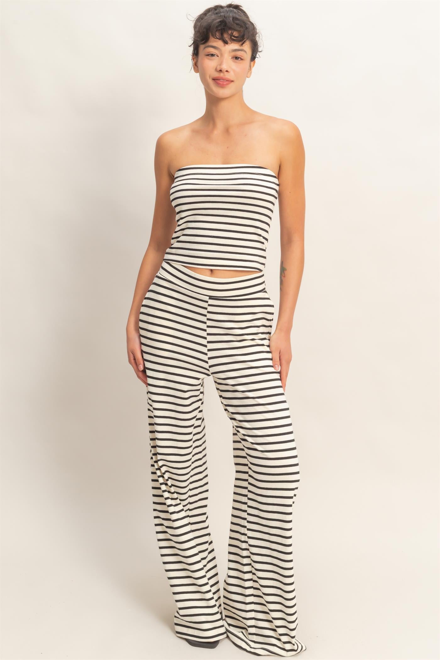 Wholesale Striped Jersey Tube Top And Pants Set Clothing DZ26C621-SET BLACK DOUBLE ZERO