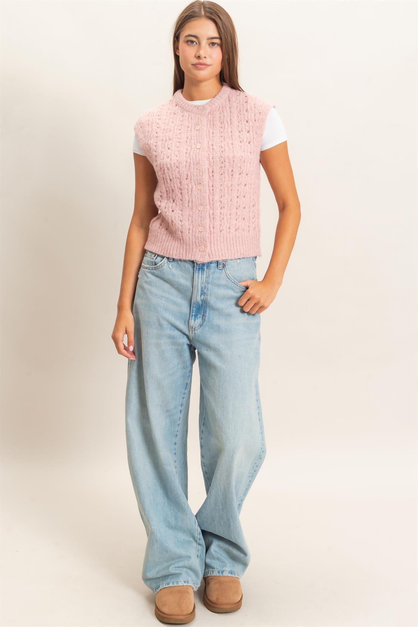 Wholesale Open Knit Sleeveless Button Front Sweater Vest Sweaters DZ26A829 PINK DOUBLE ZERO