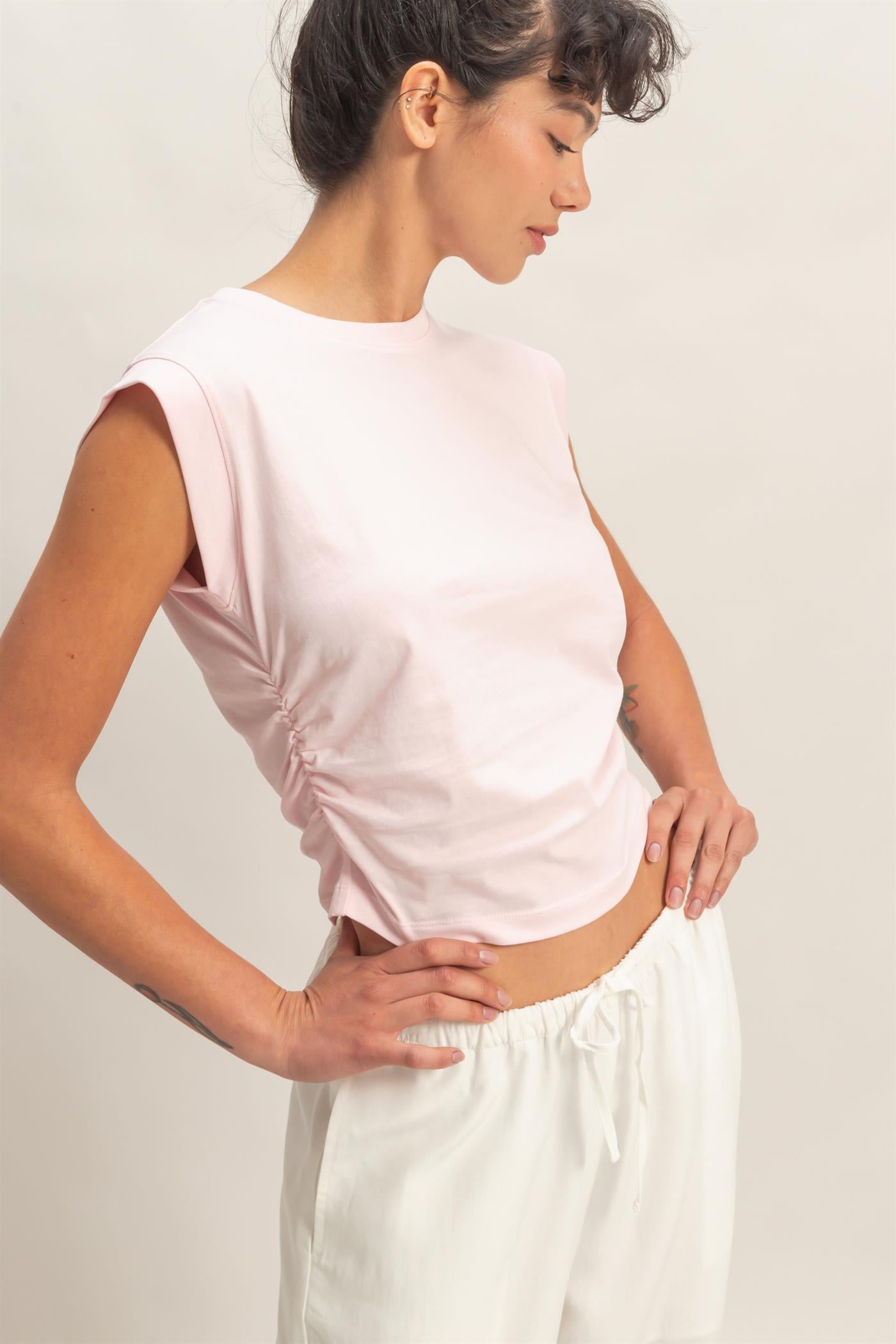 Wholesale Ruched Waist Sleeveless Cotton Top Clothing Tops DZ26C520 SOFT PINK DOUBLE ZERO