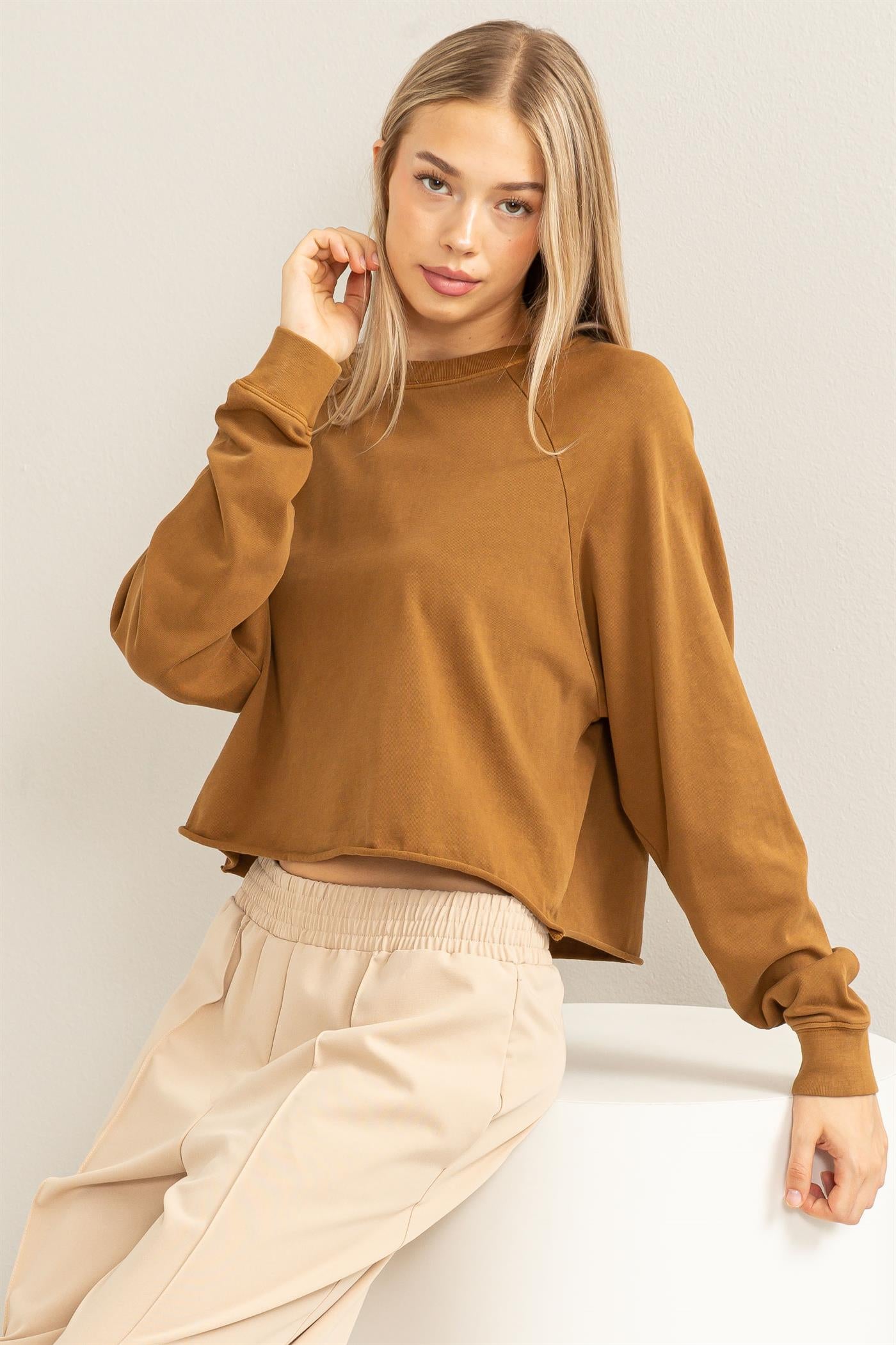Wholesale Raglan Long Sleeve Top Clothing Tops DZ23G286 PALE BROWN DOUBLE ZERO