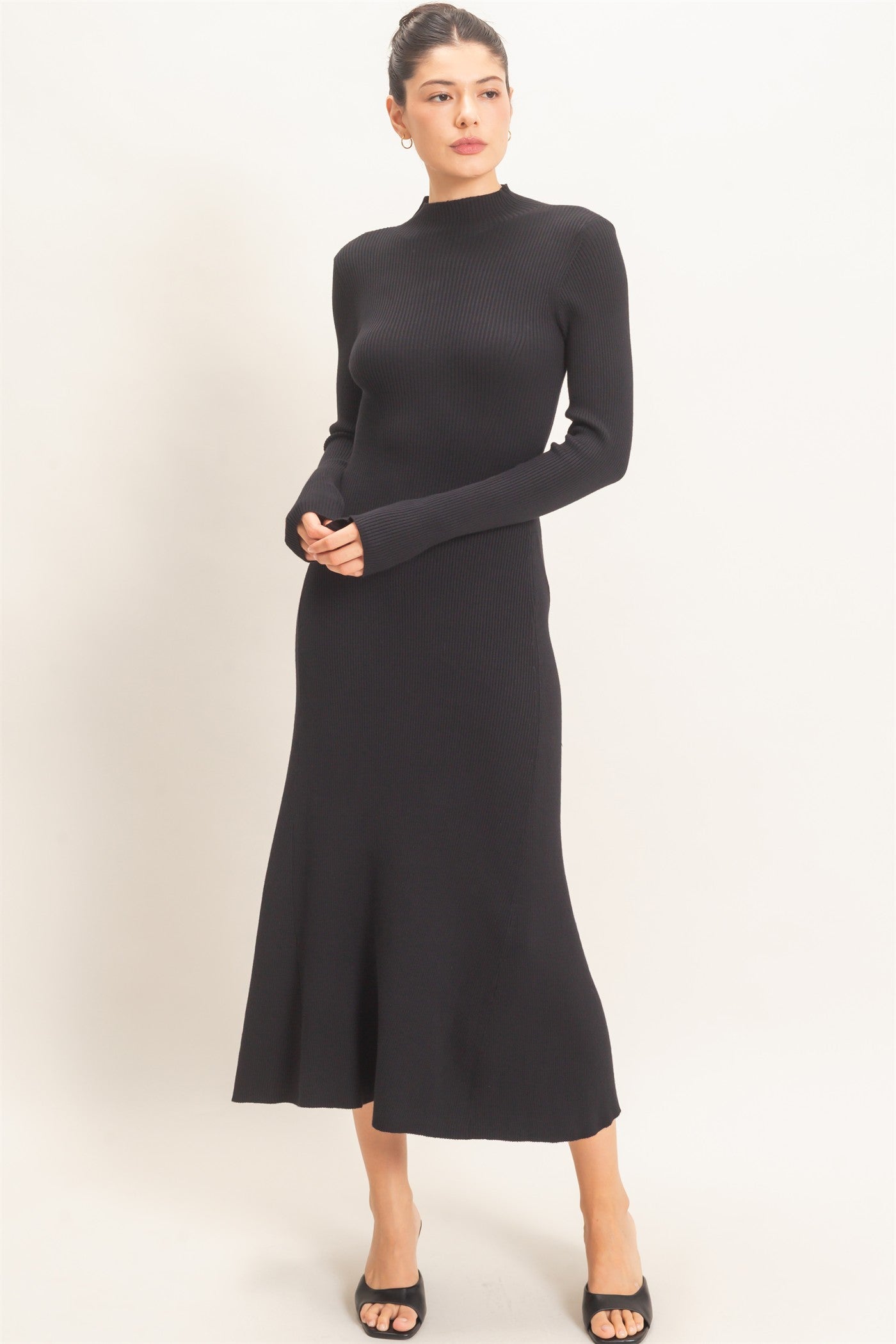 Wholesale Ribbed Mock Neck Long Sleeve Midi Dress Dresses HF26F156-D BLACK HYFVE