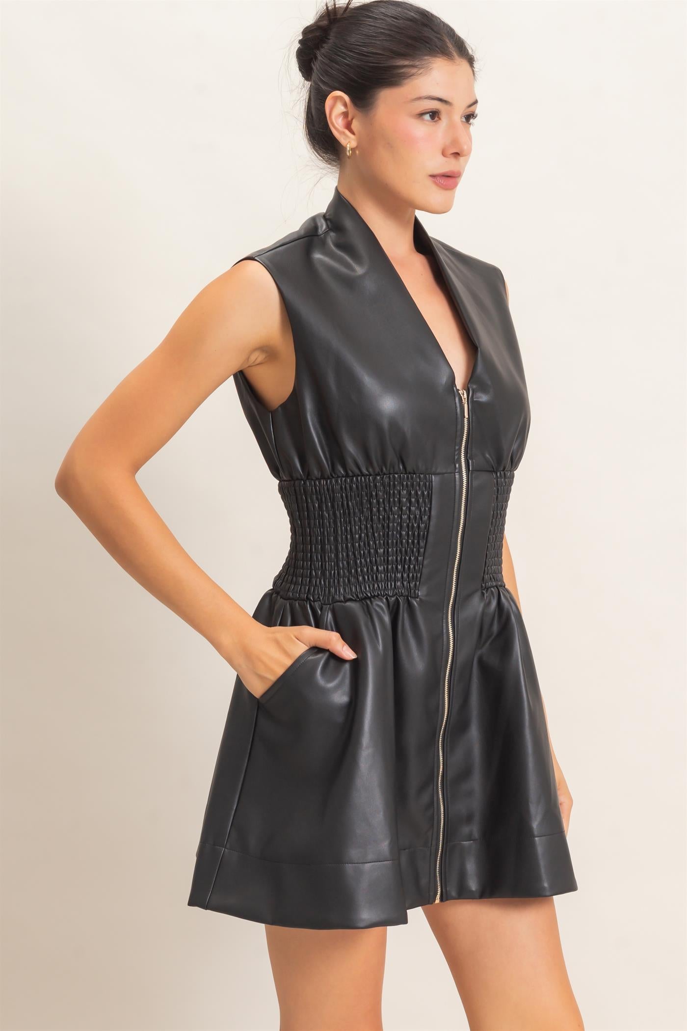 Wholesale Faux Leather Zip Front Dress Dresses HF26E364 BLACK HYFVE