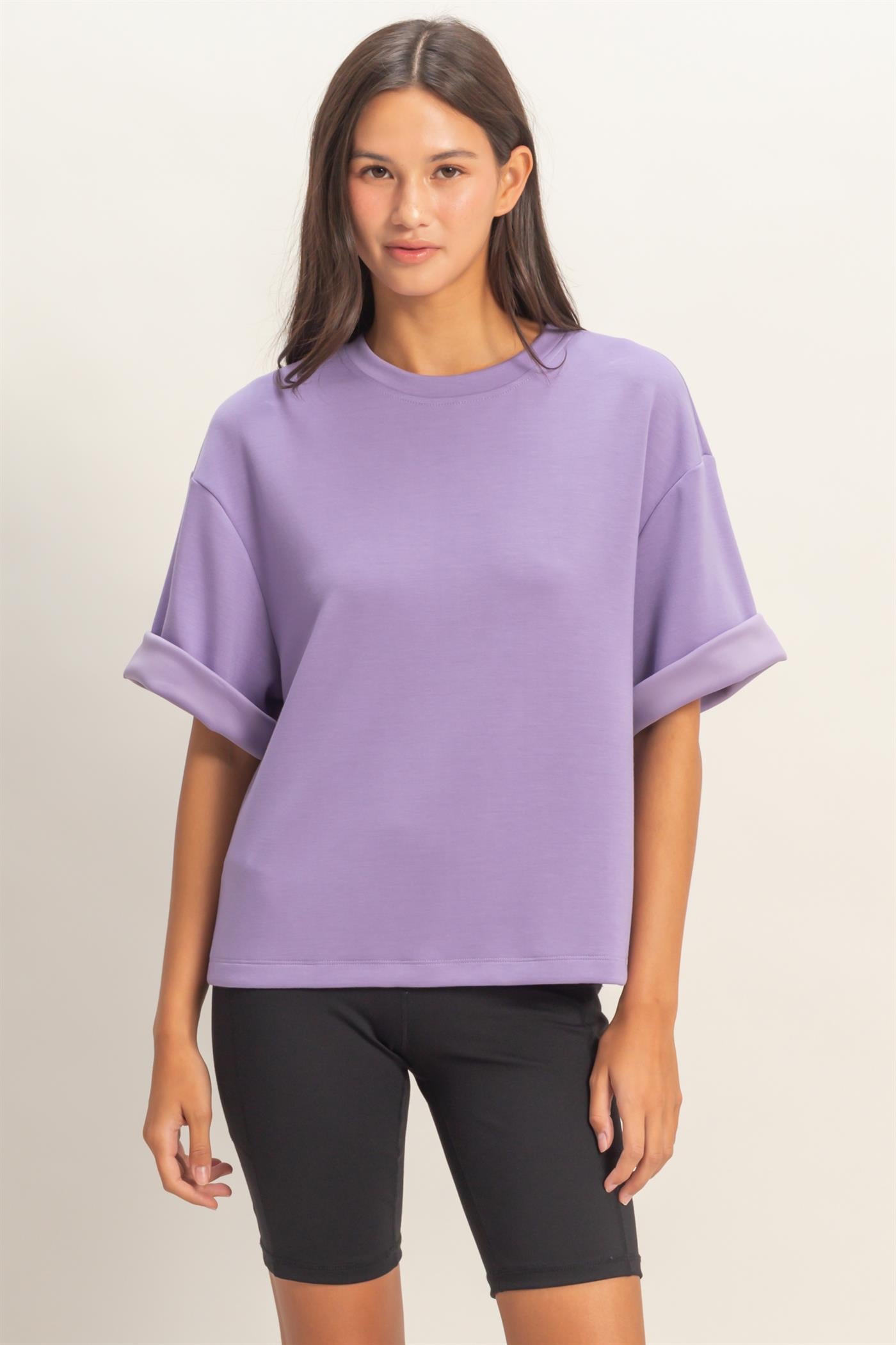 Wholesale Scuba Short Sleeve Boxy Top T-Shirts DZ26A271 DUSTY PURPLE DOUBLE ZERO
