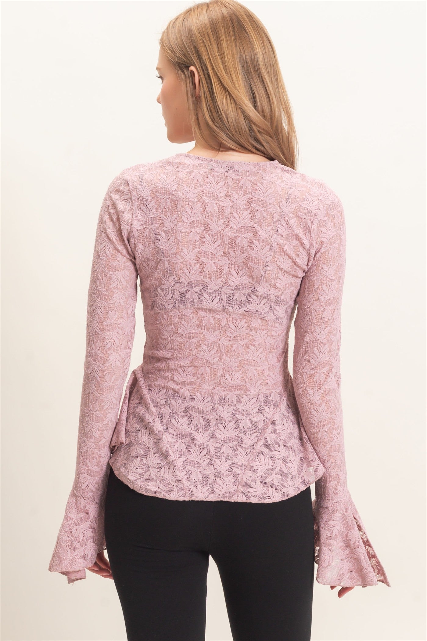 Wholesale Lace V-Neck Flare Sleeve Top Clothing Tops HF26E359 LIGHT MAUVE HYFVE