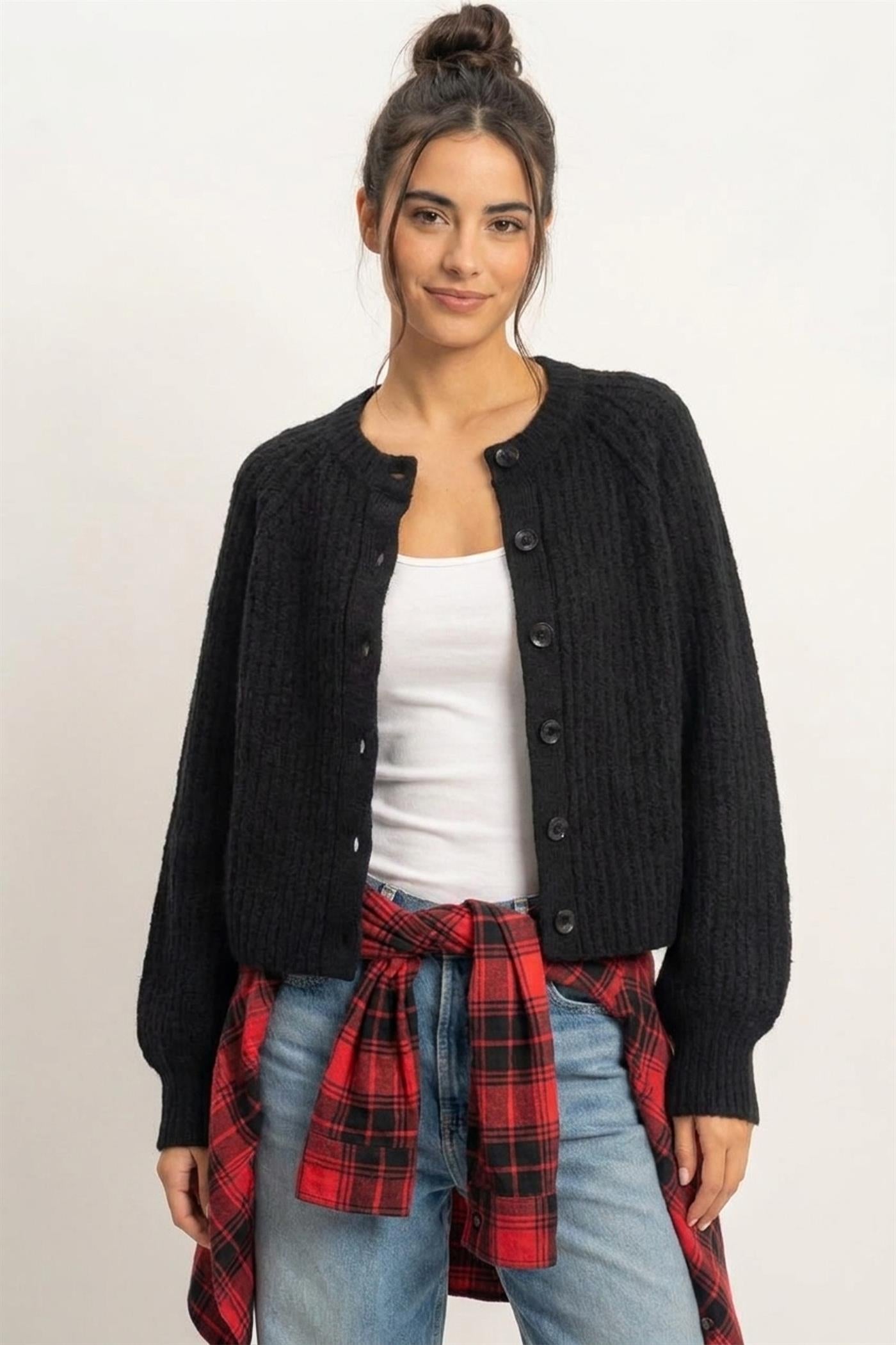 Wholesale Ribbed Button Front Cardigan Cardigans DZ26E109 BLACK DOUBLE ZERO