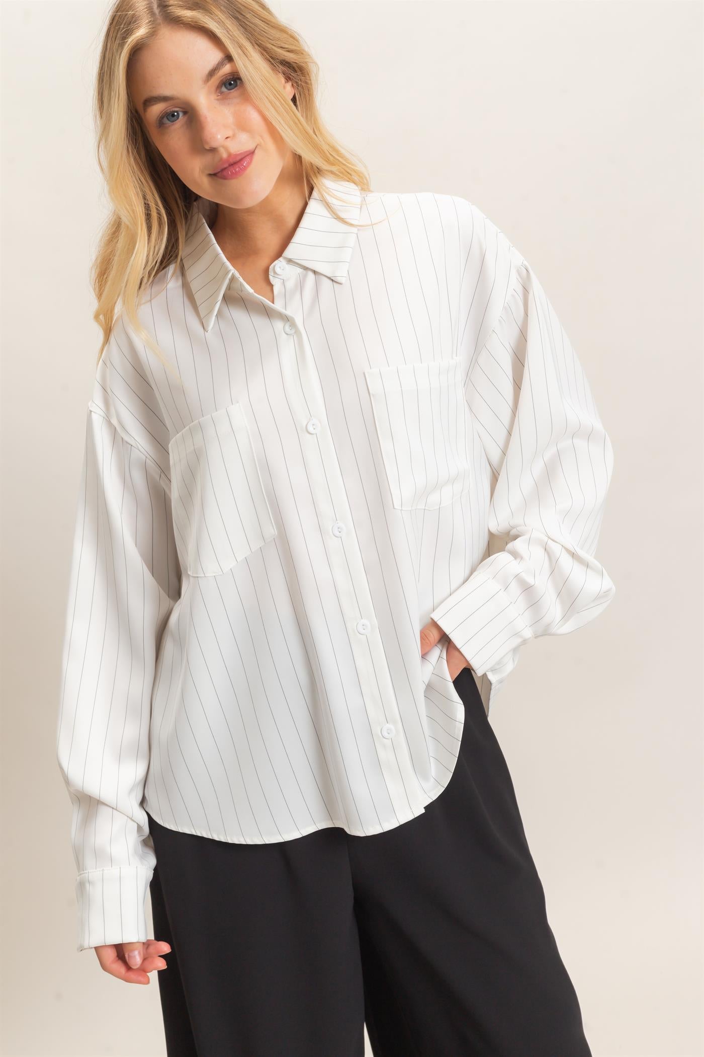 Wholesale Striped Button-Up Blouse Blouses HF26C953 WHITE HYFVE