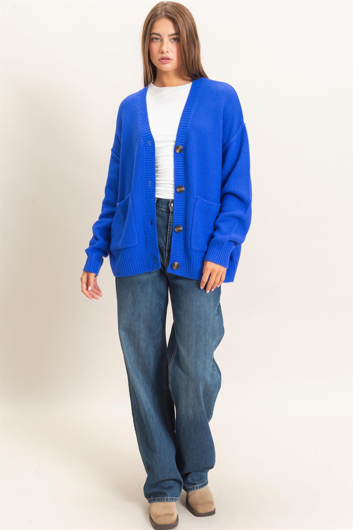Wholesale Textured Oversized Knit Buttoned Cardigan Cardigans DZ26C971 COBALT DOUBLE ZERO