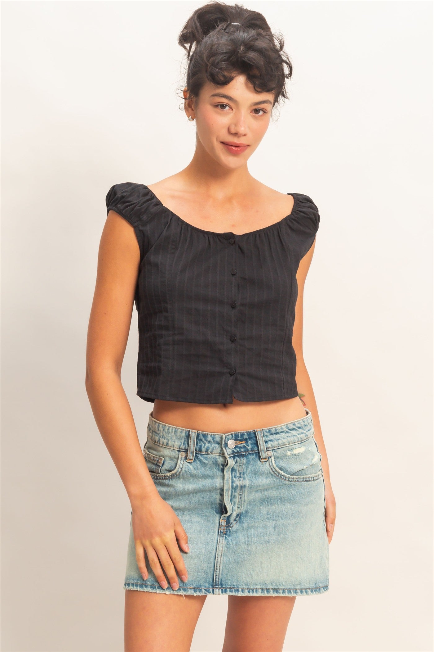 Wholesale Button Front Scoop Neck Cap Sleeve Top Blouses DZ26C199 BLACK DOUBLE ZERO