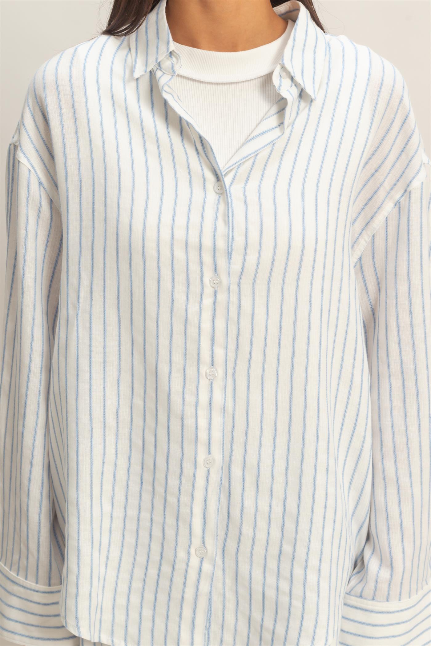 Wholesale Striped Button-Up Shirt Shirts DZ26C413 BLUE DOUBLE ZERO