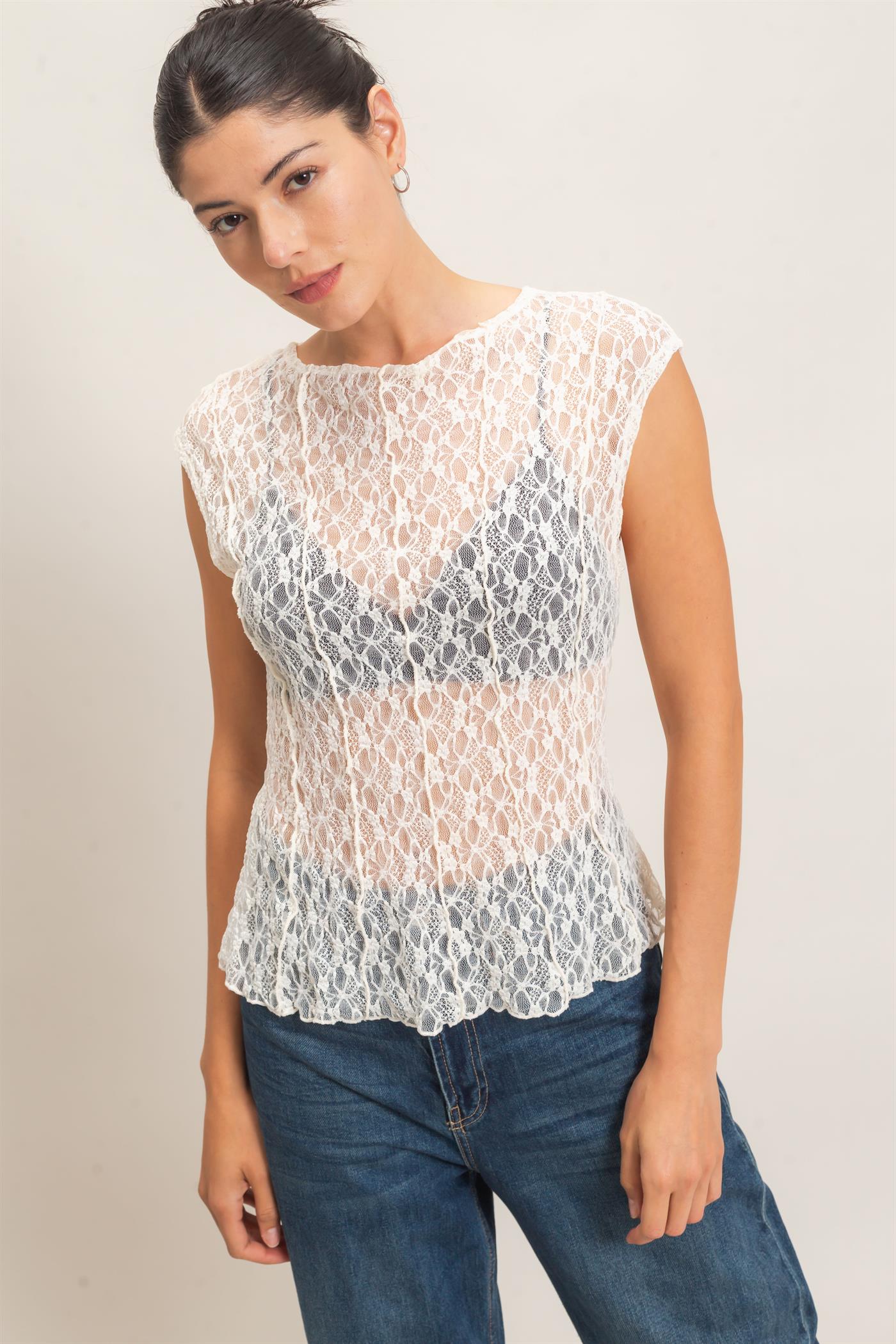 Wholesale Lace Cap Sleeve Top Clothing Tops HF26E672 CREAM HYFVE