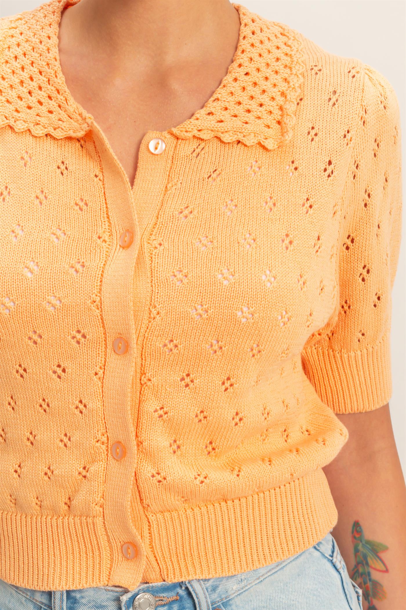 Wholesale Pointelle Collar Button-Up Puff Sleeve Knit Top Clothing Tops DZ26A748 APRICOT HYFVE