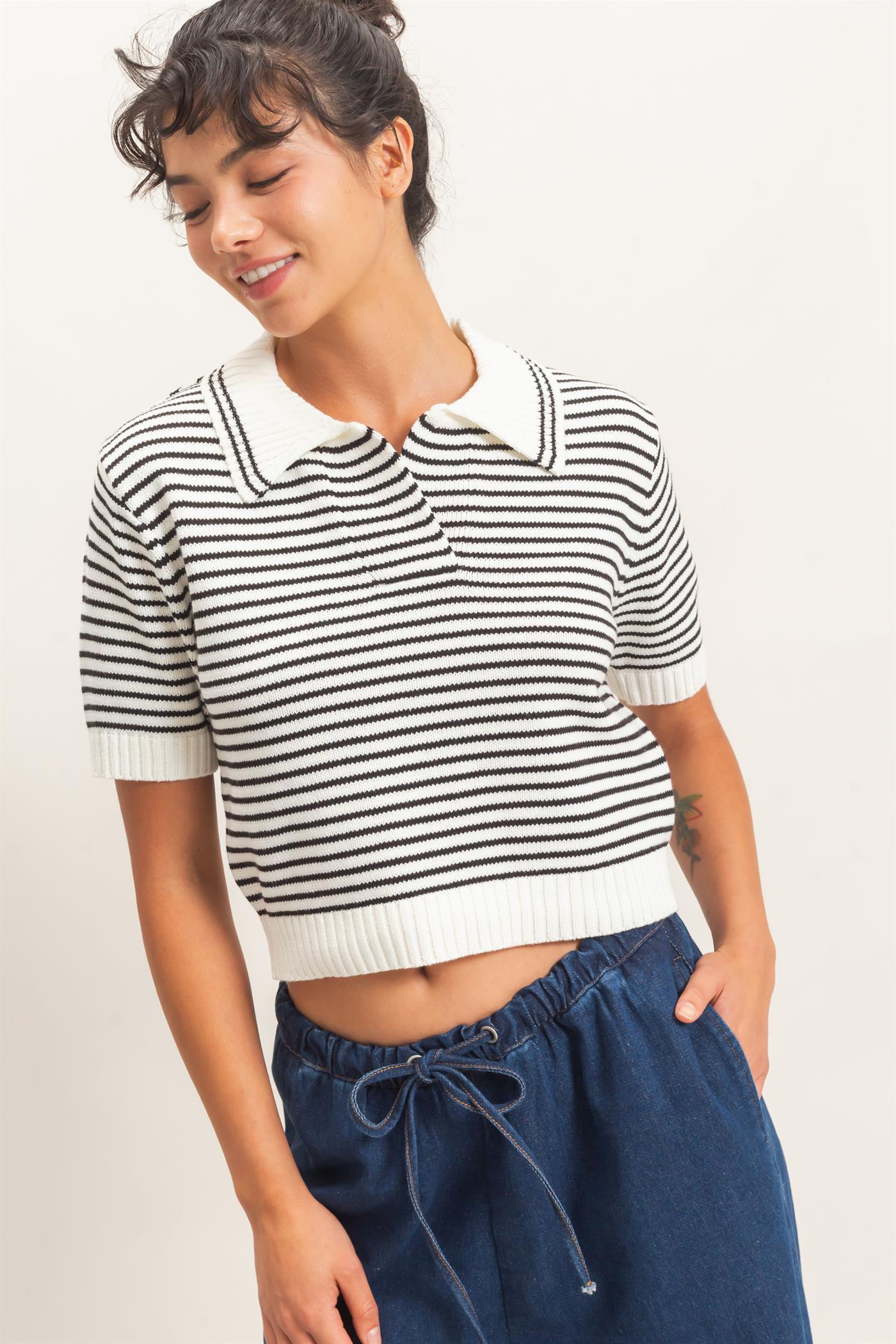 Wholesale Striped Short Sleeve Collar Knit Top Clothing Tops DZ26E261 CREAM DOUBLE ZERO