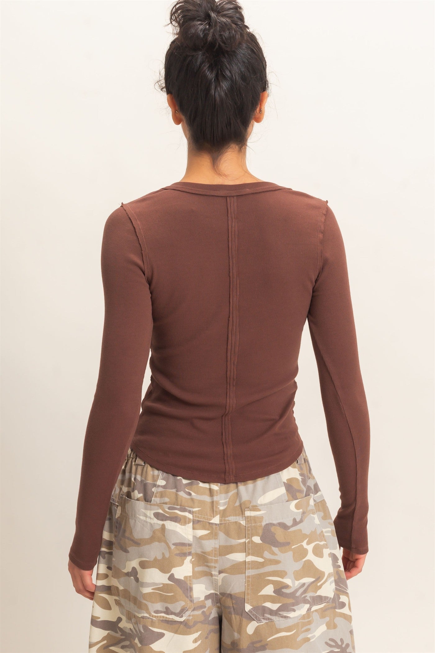 Wholesale Pigment Dye Henley Long Sleeve Top Clothing Tops DZ26C882 DARK BROWN DOUBLE ZERO