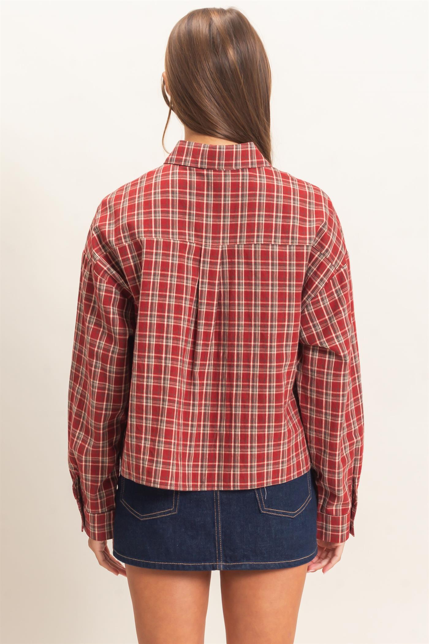 Wholesale Plaid Button-Up Shirt Clothing Tops DZ26E395 DARK RED DOUBLE ZERO