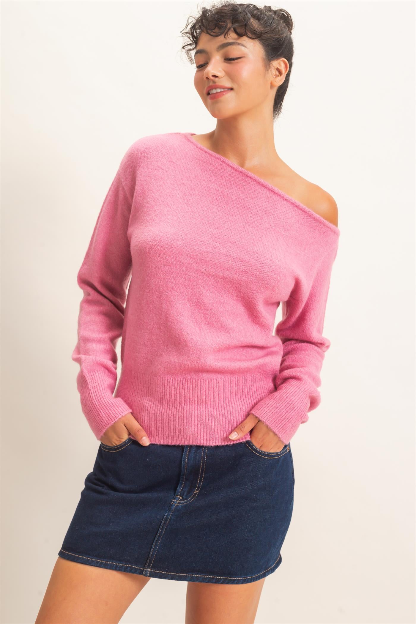 Wholesale Off The Shoulder Sweater Top Sweaters DZ26F290 PINK DOUBLE ZERO