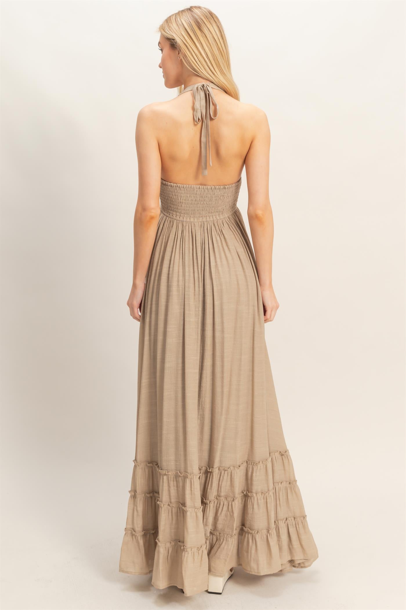 Wholesale Halter Neck Smocked Maxi Dress Dresses HF26C287-D TAUPE HYFVE