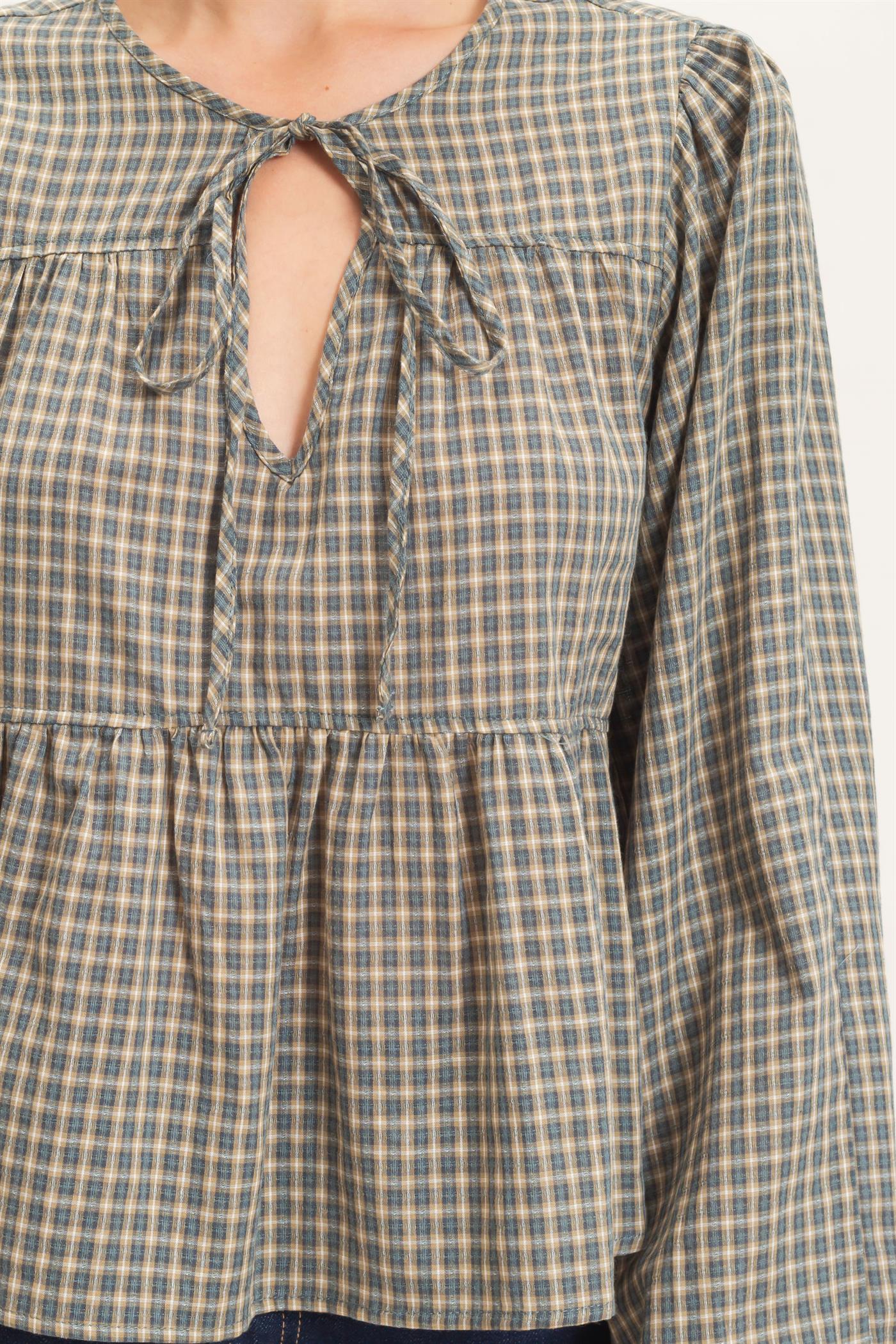 Wholesale Checkered Tie Neck Top Clothing Tops HF26E732 TEAL BLUE HYFVE