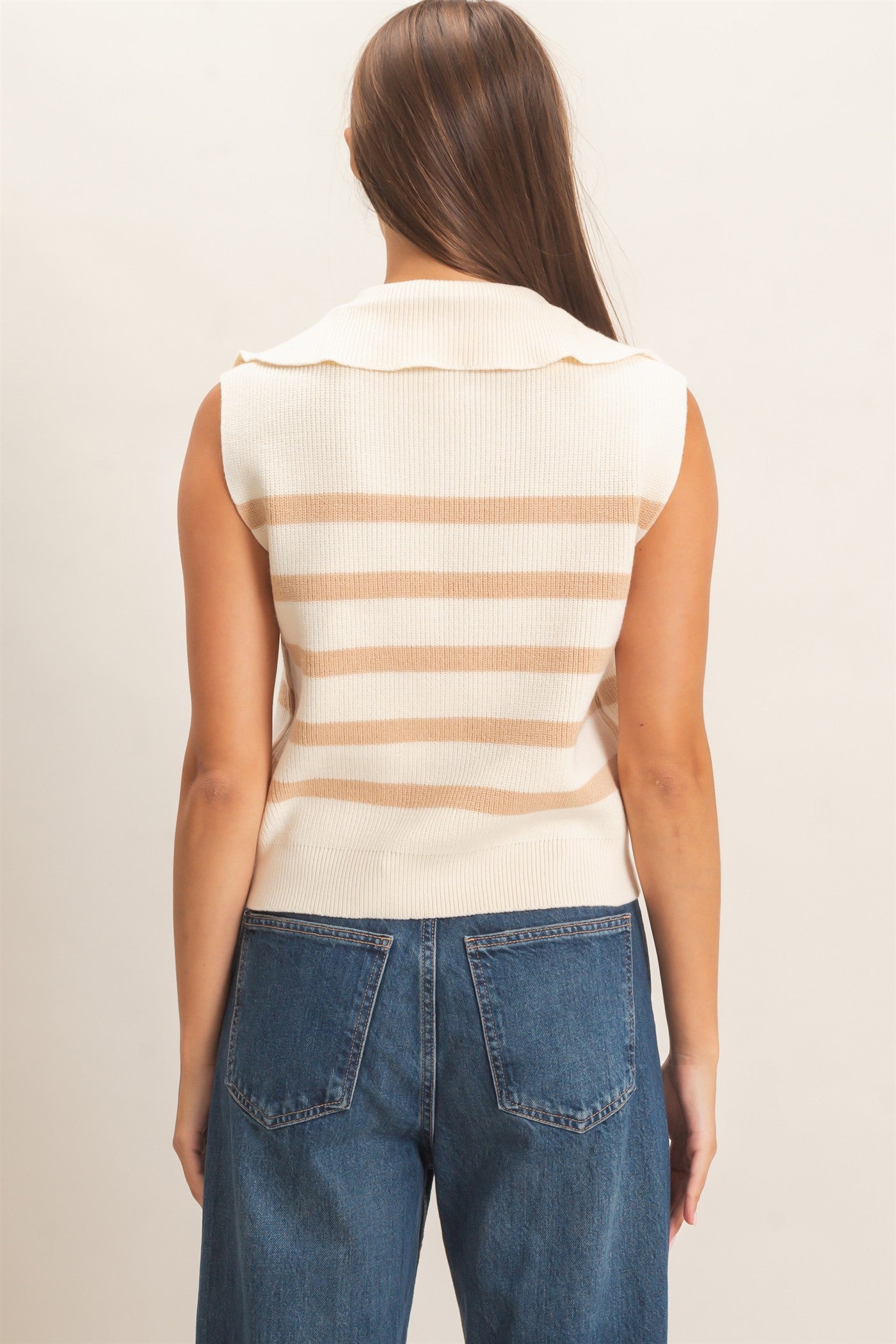 Wholesale Half-Zip Sleeveless Stripe Sweater Sweaters DZ26E951 TAUPE DOUBLE ZERO