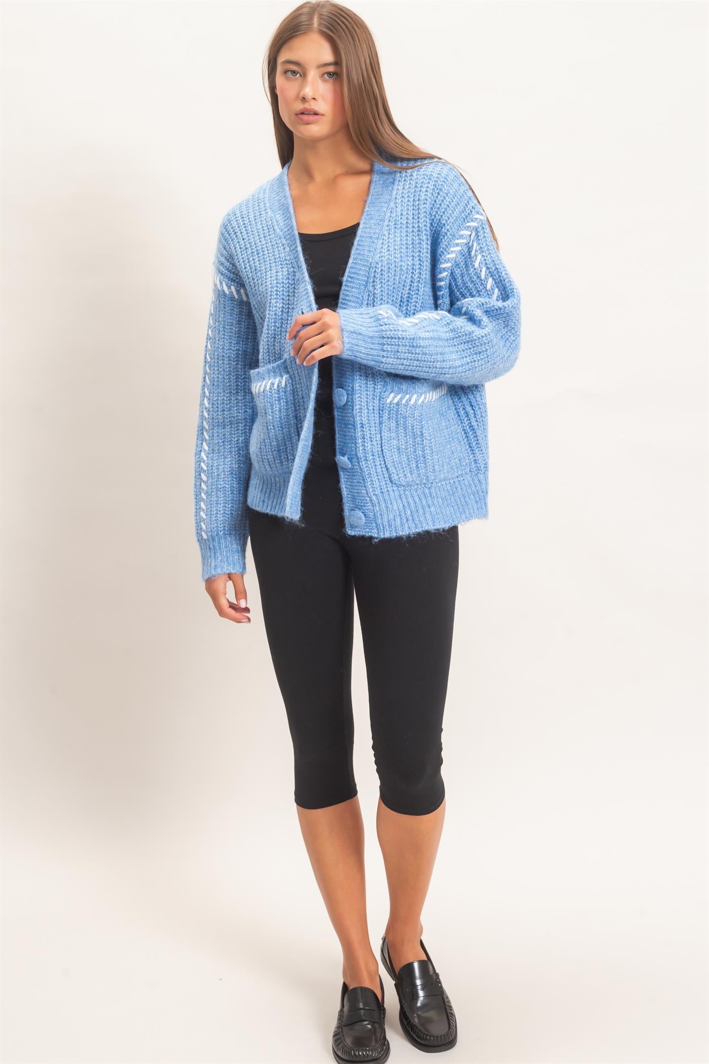 Wholesale Blanket Stitch Oversized Sweater Cardigan Cardigans DZ26E296 BLUE DOUBLE ZERO
