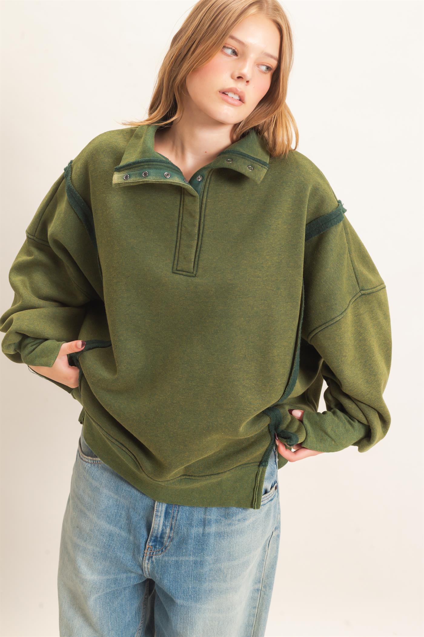 Wholesale Mineral Wash Snap Collar Pullover Clothing Tops HF26F086-D HUNTER GREEN HYFVE