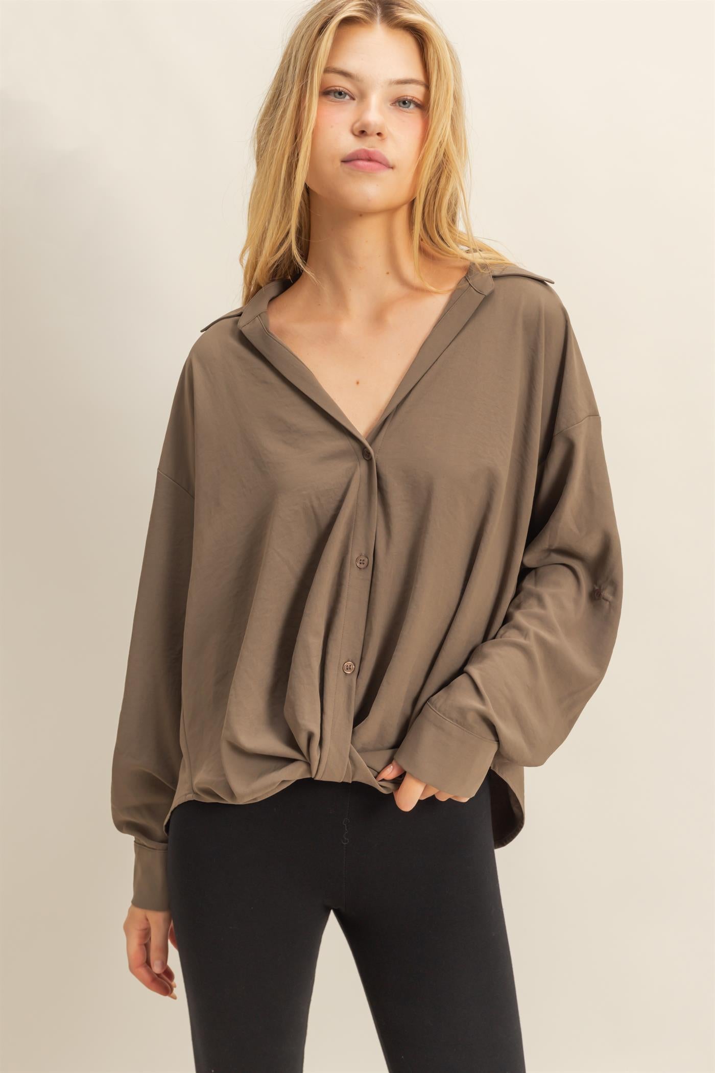 Wholesale Button-Down Blouse With Flowing Fit Clothing Tops HF25C543 OLIVE HYFVE