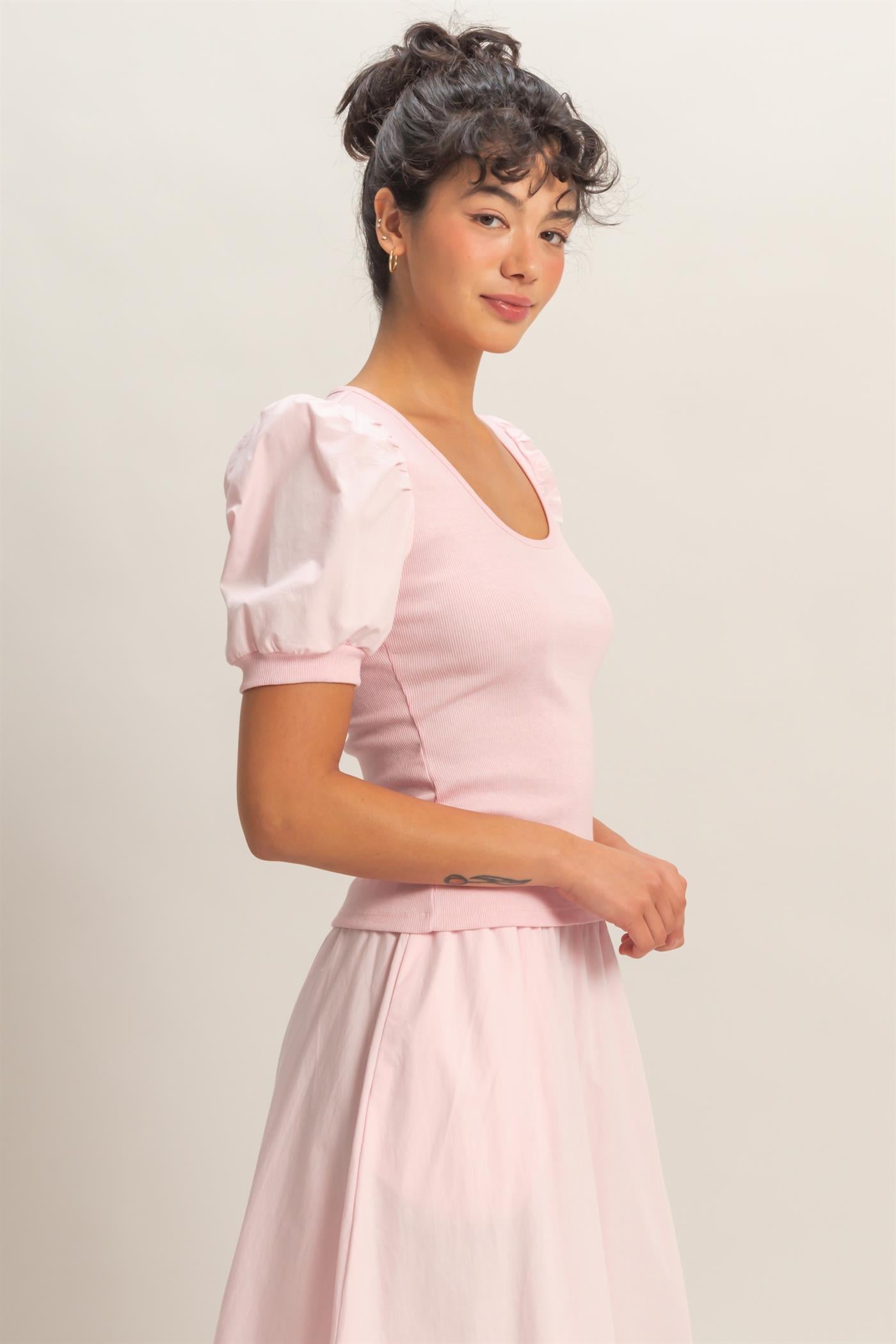 Wholesale Ribbed Puff Sleeve Scoop Neck Top Clothing Tops DZ26C071 SOFT PINK DOUBLE ZERO
