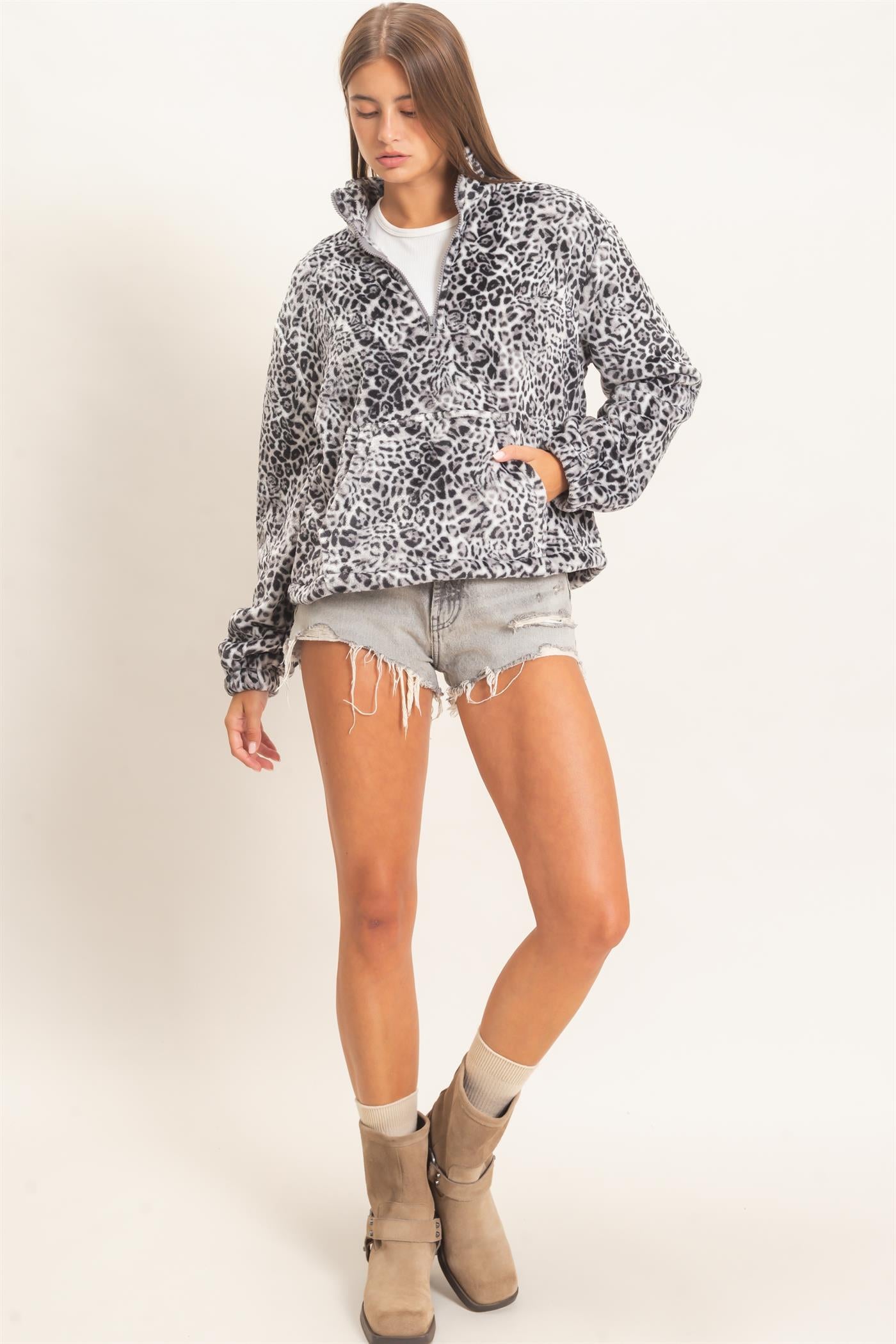 Wholesale Leopard Print Fleece Half Zip Pullover Sweaters DZ26E830 GRAY DOUBLE ZERO
