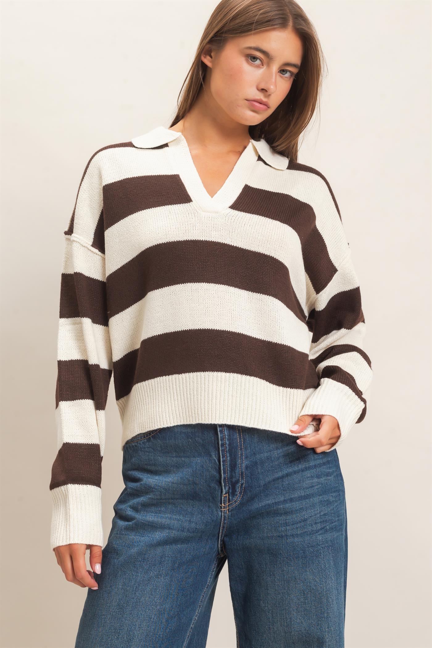 Wholesale Rugby Stripe Polo Sweater Sweaters DZ26E297 DARK BROWN DOUBLE ZERO
