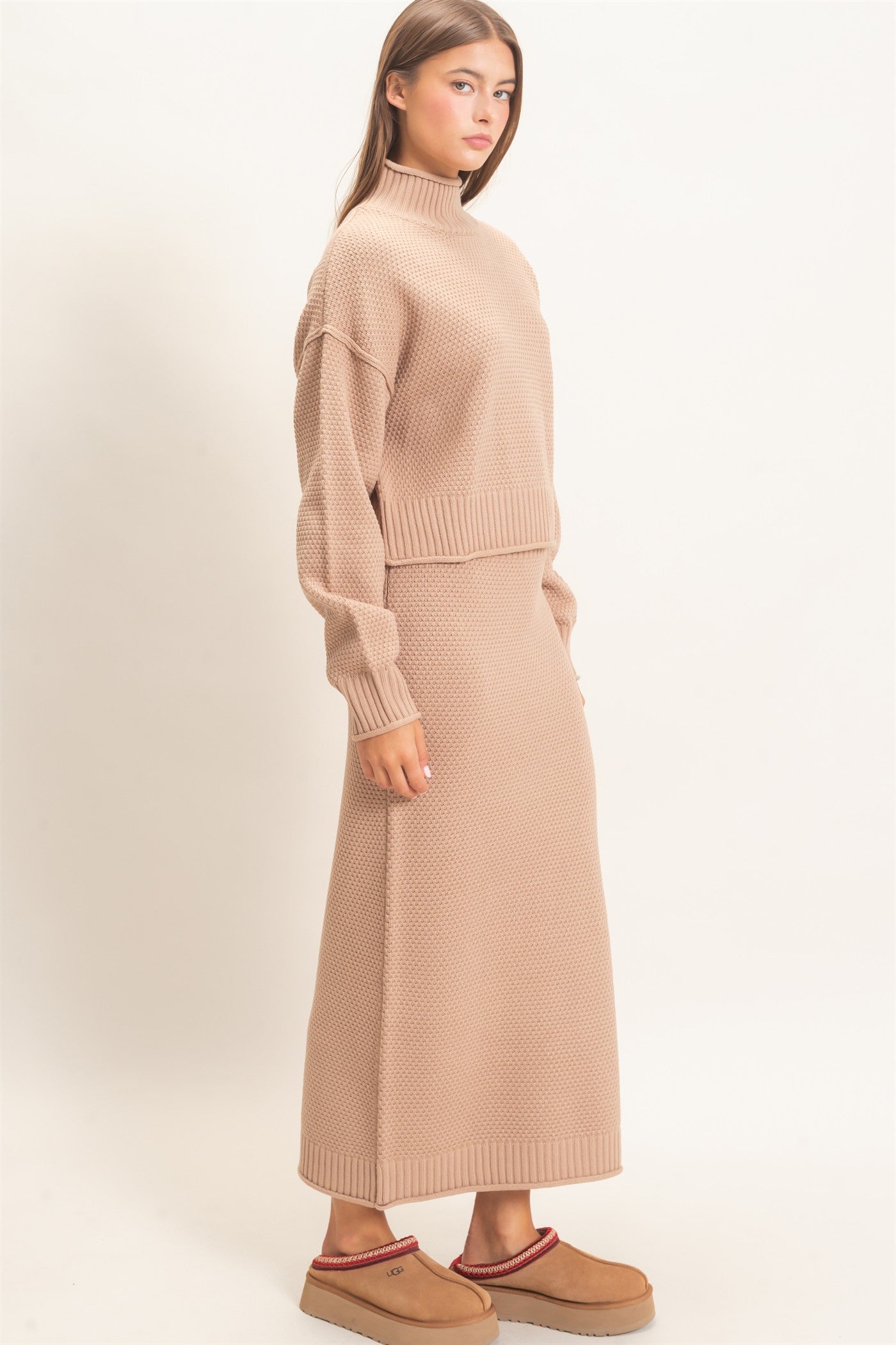 Wholesale High Neck Long Sleeve Top & Maxi Skirt Set Clothing DZ26E272-SET DARK TAUPE DOUBLE ZERO