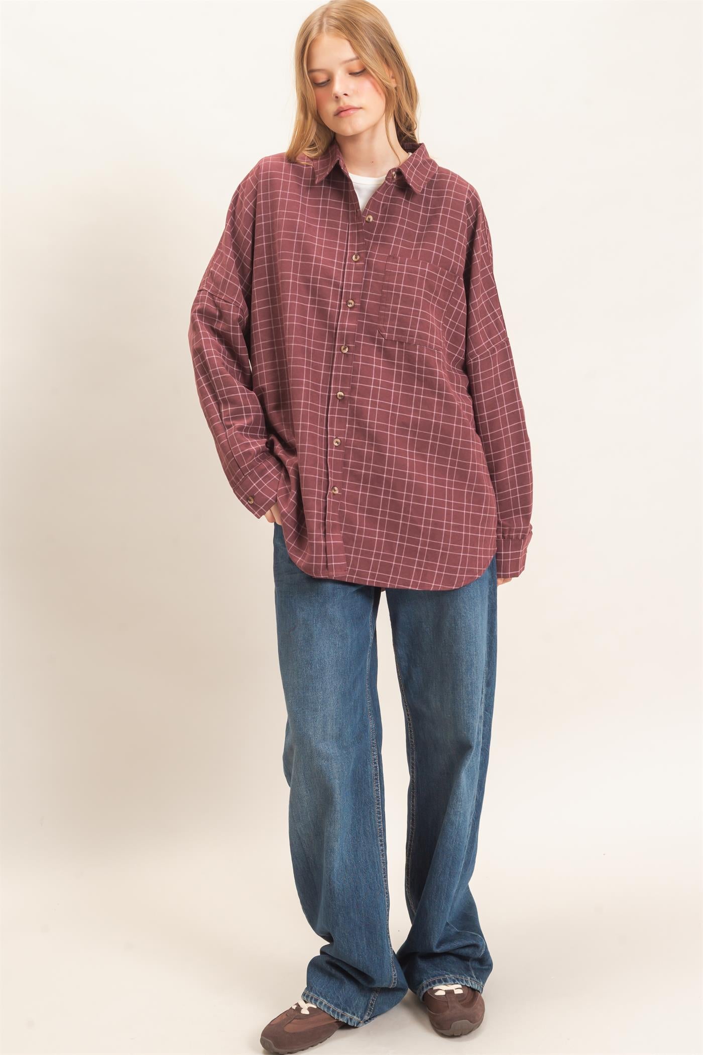 Wholesale Plaid Button-Up Shirt Shirts HF26E734 WINE HYFVE