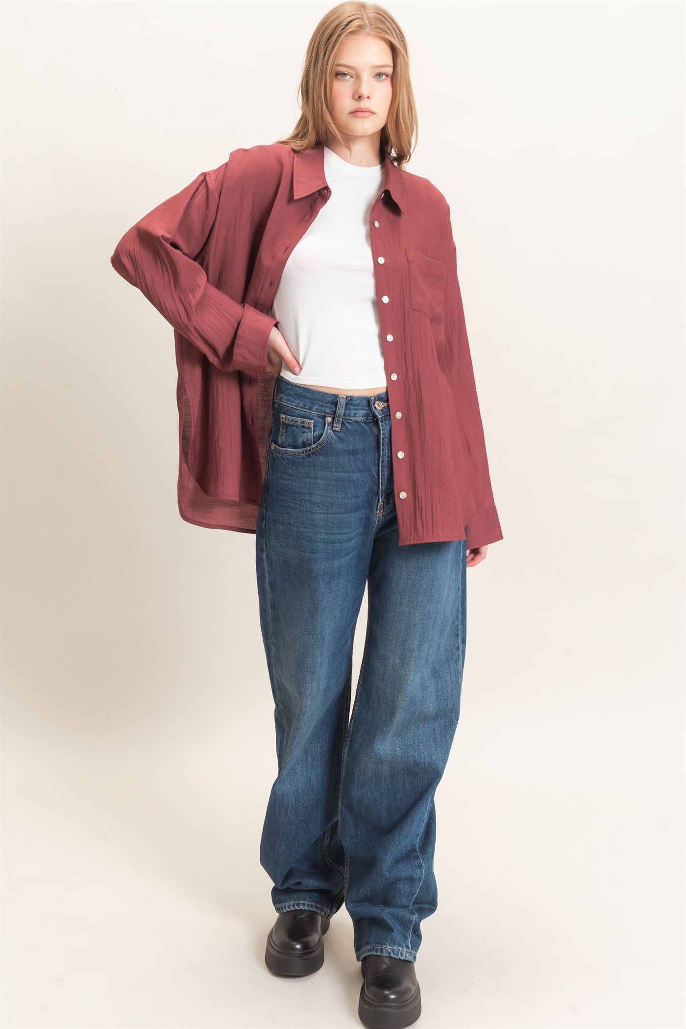 Wholesale Crinkled Button-Up Shirt Clothing Tops HF26E691 MAROON HYFVE