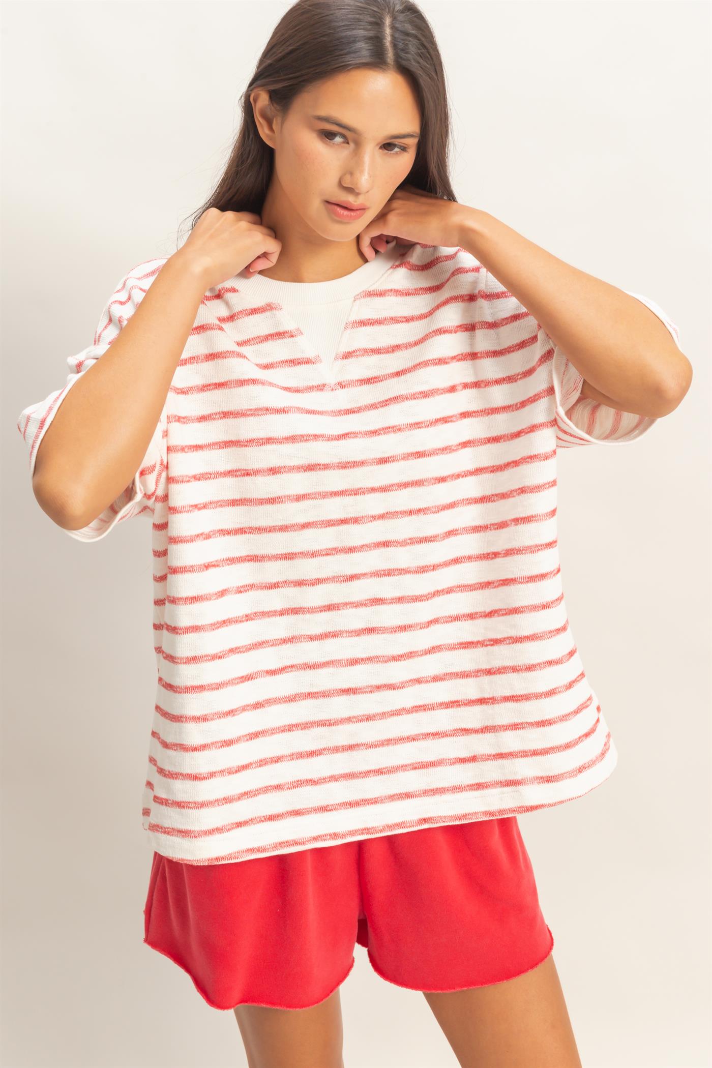 Wholesale Oversized Striped V-Stitch Short Sleeve Top Clothing Tops DZ26A455 RED DOUBLE ZERO