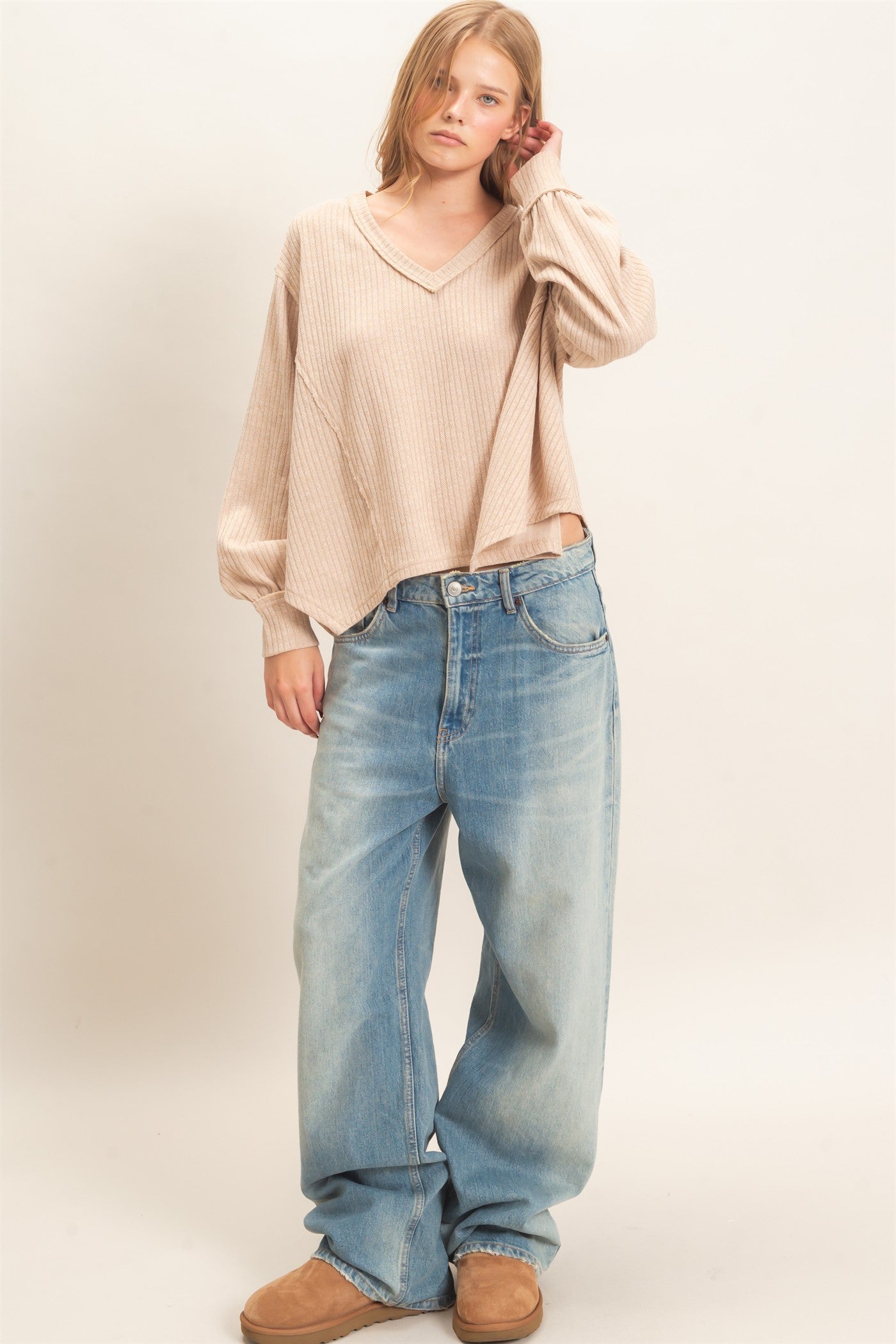Wholesale Ribbed V-Neck Knit Top Shirts HF26F351 BEIGE HYFVE
