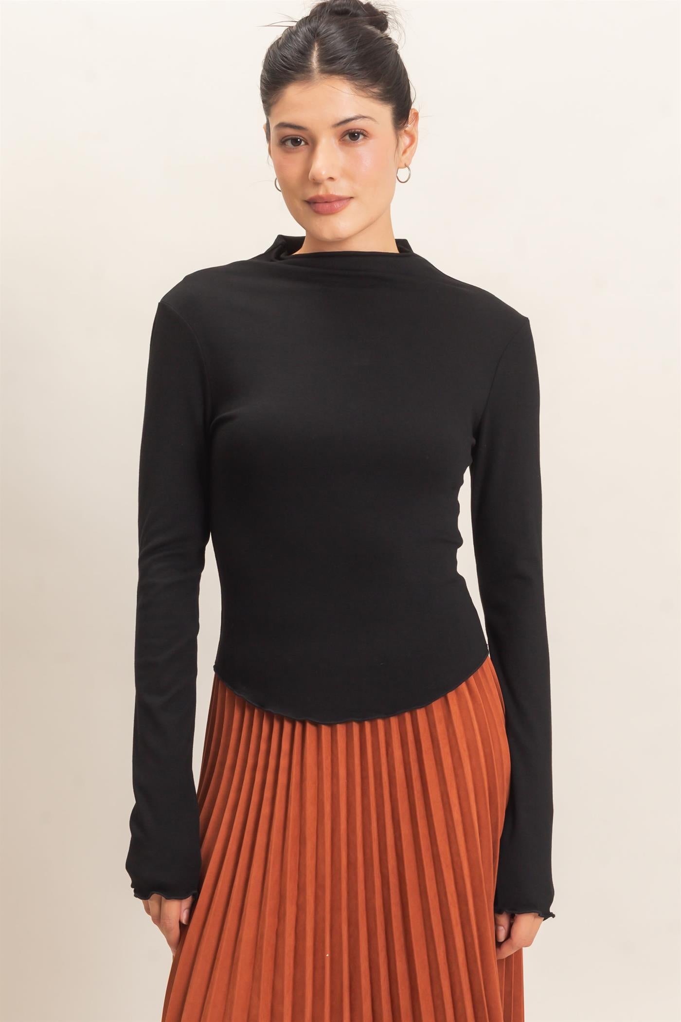 Wholesale Long Sleeve Lettuce Hem Top Clothing Tops HF26F122 BLACK HYFVE