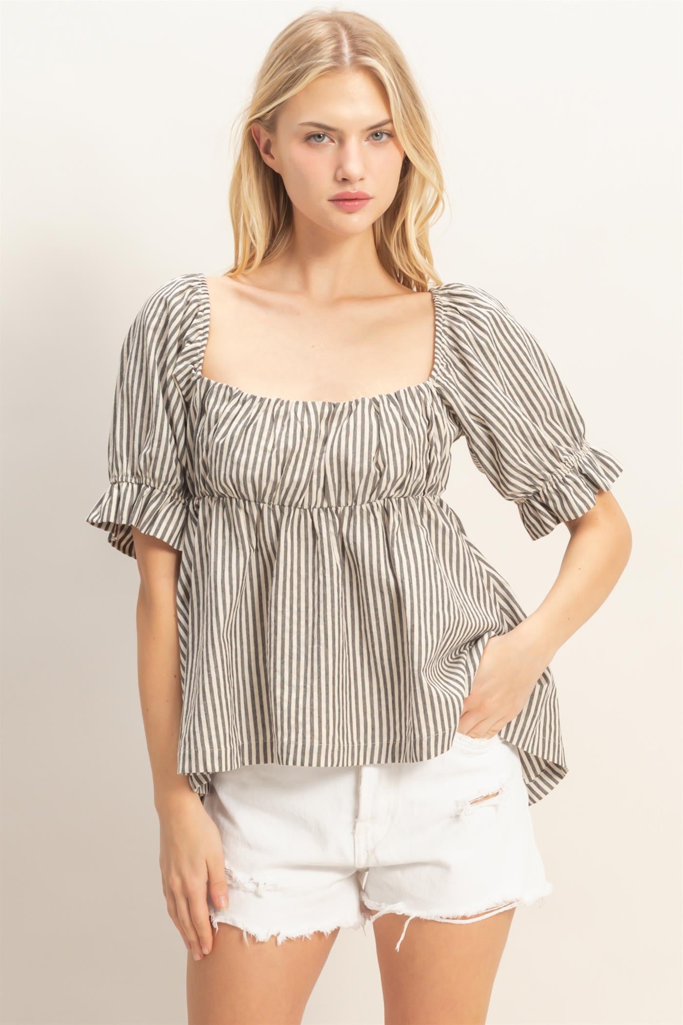 Wholesale Striped Square Neck Peplum Top Clothing Tops HF26E386 BLACK HYFVE