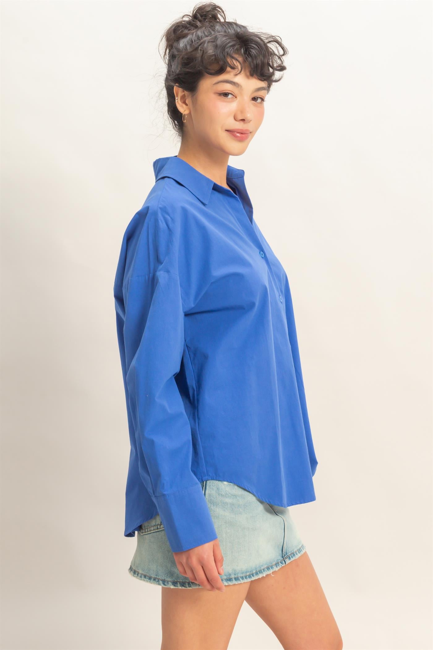 Wholesale Button Up Poplin Shirt Clothing Tops DZ26A330 COBALT HYFVE
