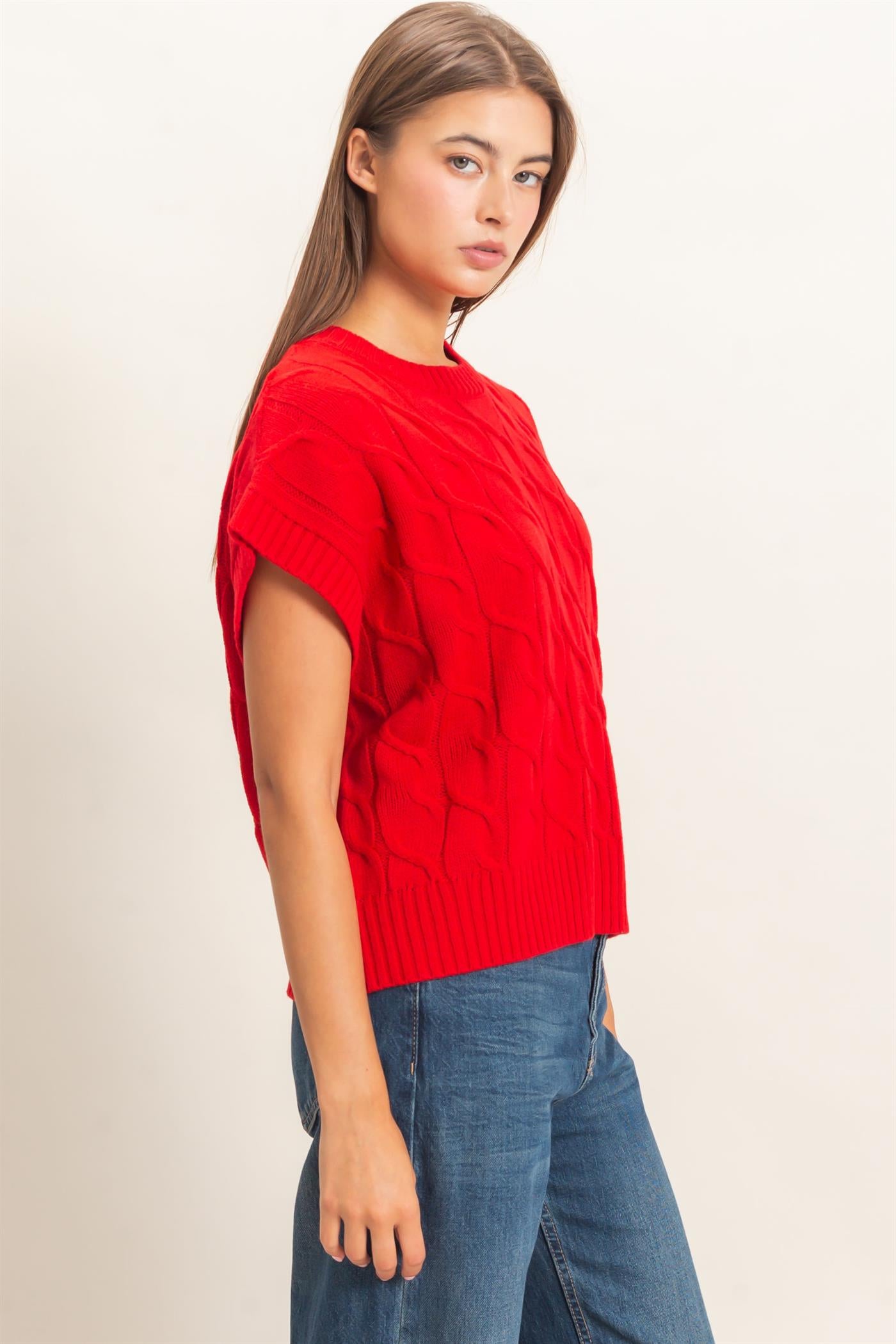 Wholesale Cable Knit Cap Sleeve Sweater Sweaters DZ26C974 RED DOUBLE ZERO