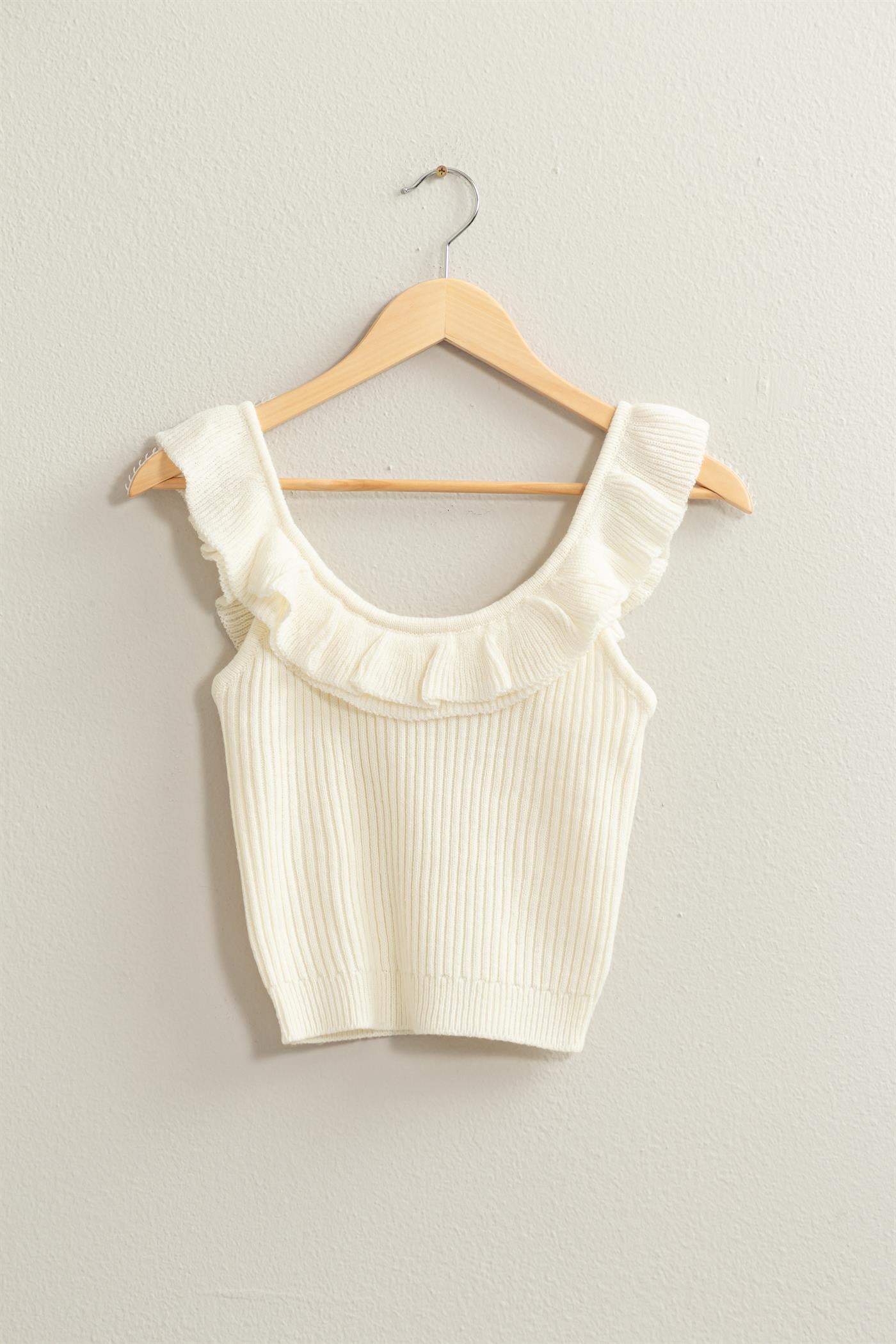 Wholesale Ribbed Ruffle Crop Top Clothing Tops DZ24A505 WHIP CREAM DOUBLE ZERO
