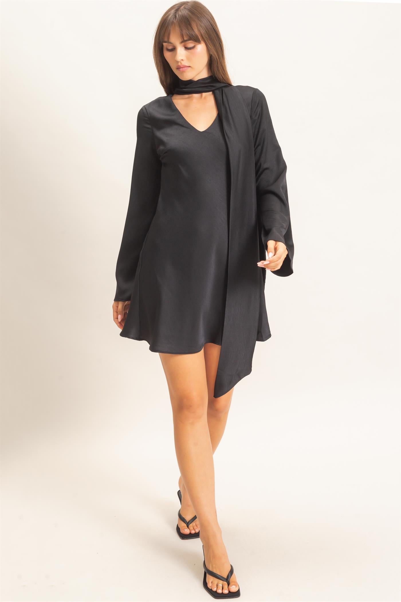 Wholesale Bias Satin Dress With Scarf Dresses HF26E928 BLACK HYFVE