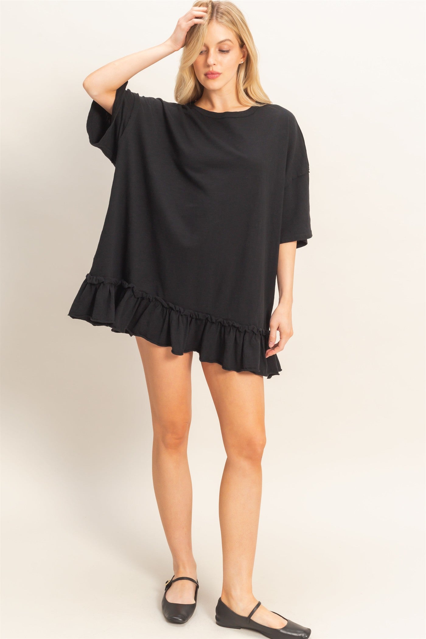 Wholesale Ruffled Hem Oversized Tunic Dresses HF26A785 BLACK HYFVE