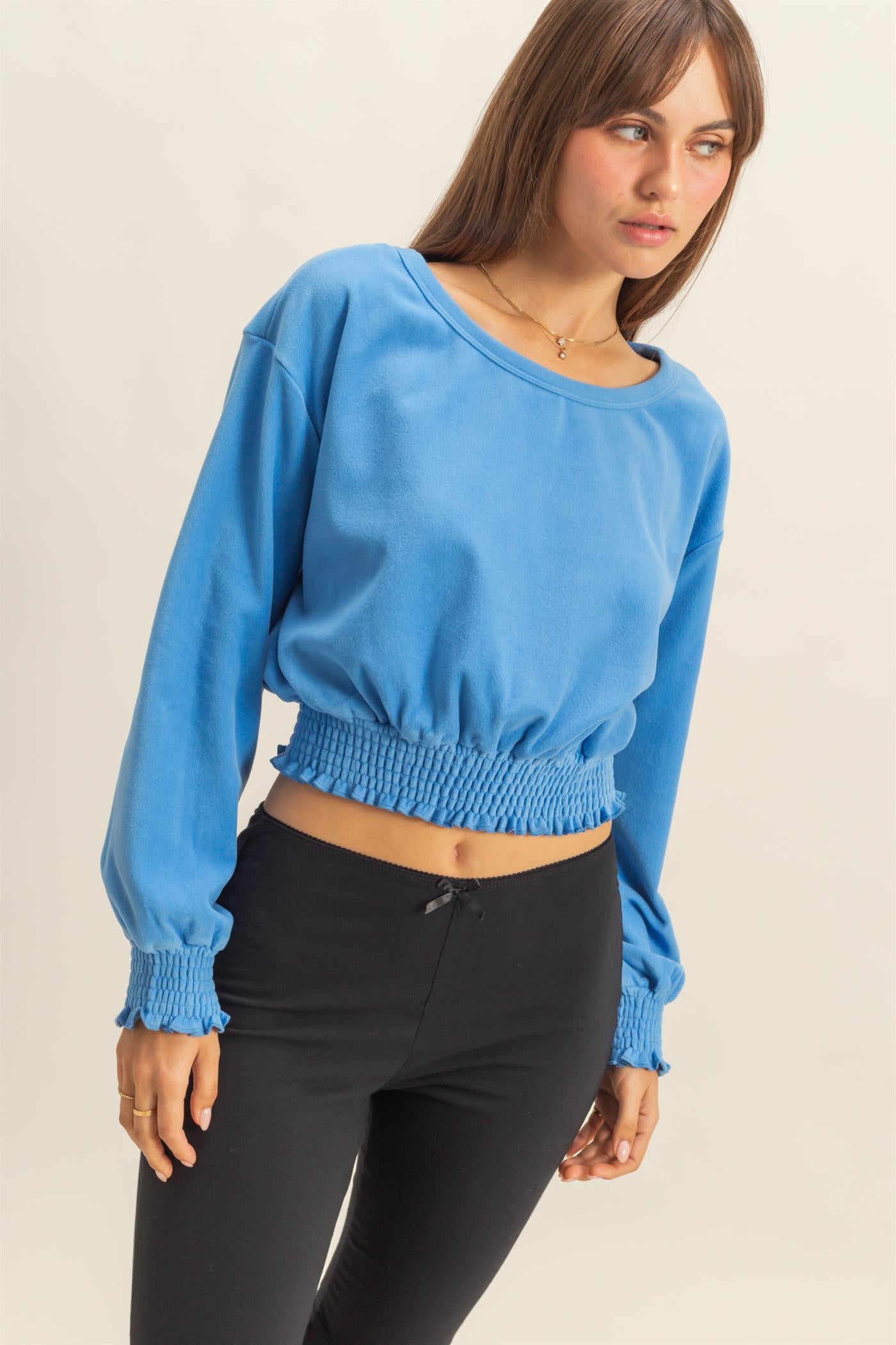 Wholesale Brushed Knit Smocked Crop Top Clothing Tops HF24C116 BLUE HYFVE