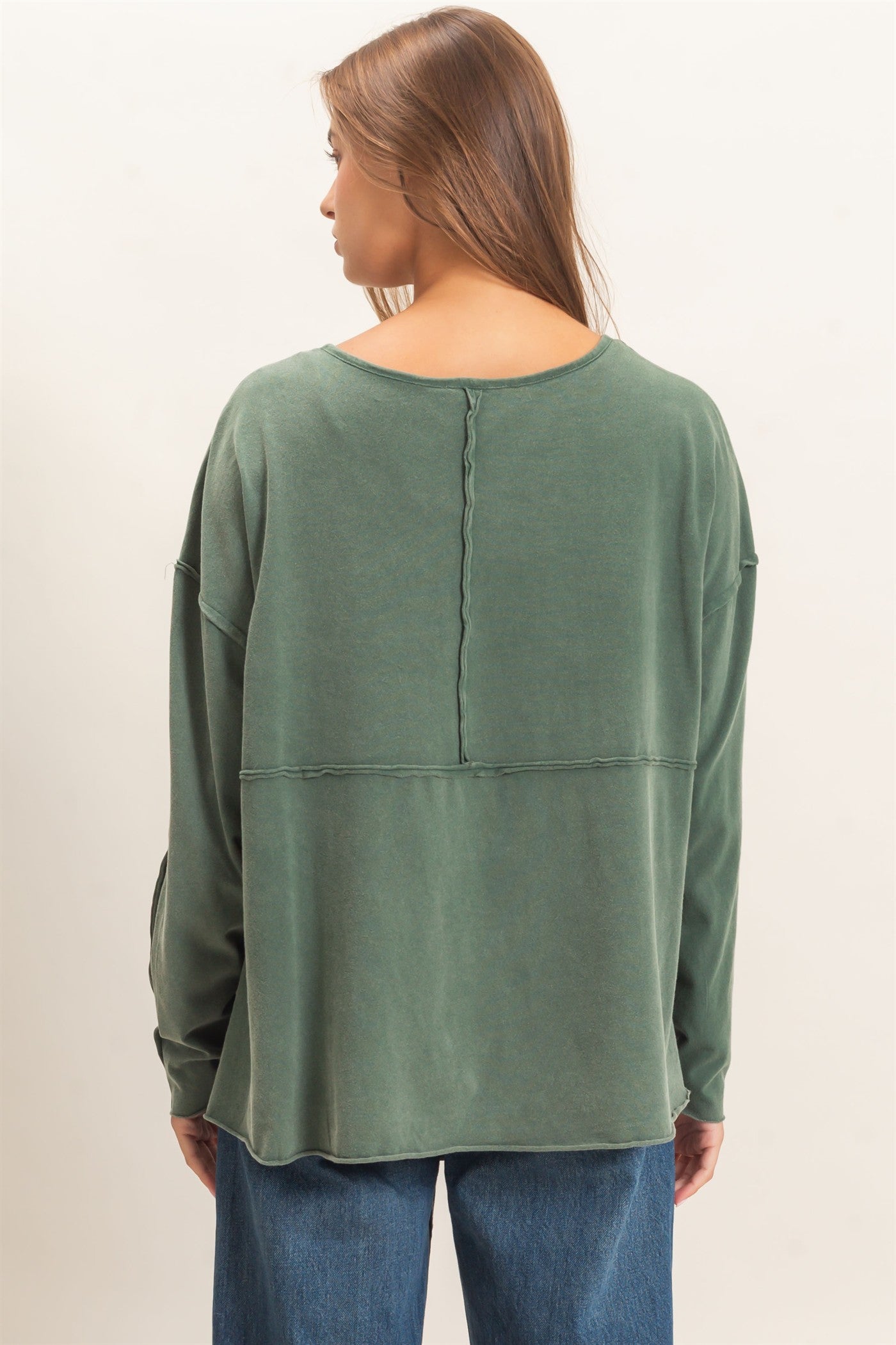 Wholesale Oversized Henley Top With Raw Edges Clothing Tops DZ26F128 DARK GREEN DOUBLE ZERO