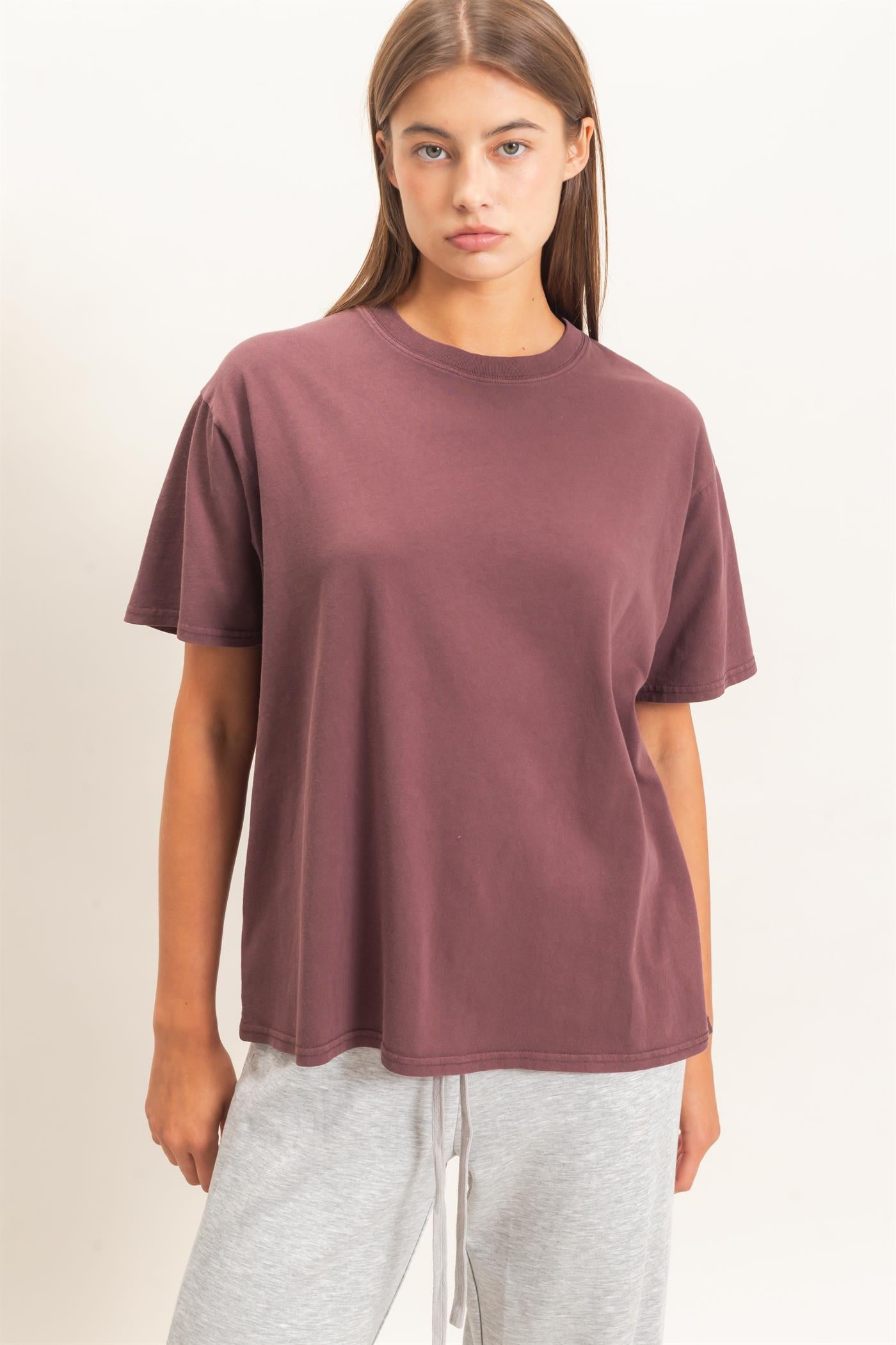 Wholesale Crew Neck Pigment Dye T-Shirt Clothing Tops DZ26E448 COCOA DOUBLE ZERO