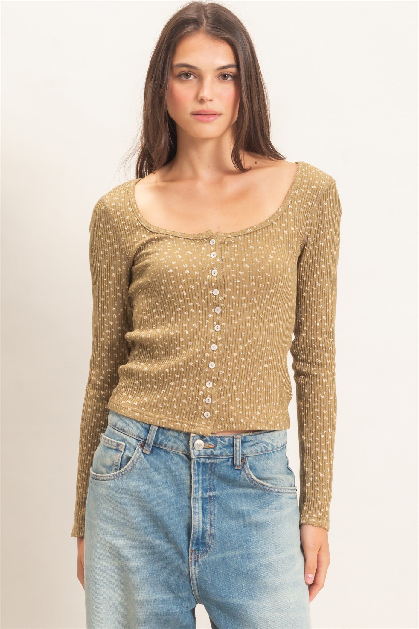 Wholesale Square Neck Button-Up Top Clothing Tops HF26E675 OLIVE HYFVE